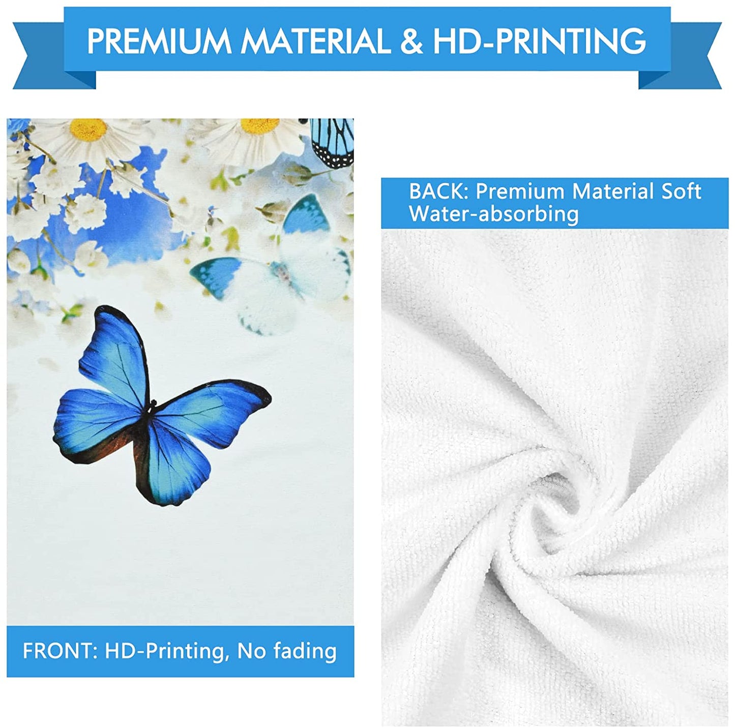 Alishomtll Butterfly and Flower Bath Towel Sets Blue Plant and Insect Towel Include Beach Towel, Hand Towel and Kitchen Dish Towels