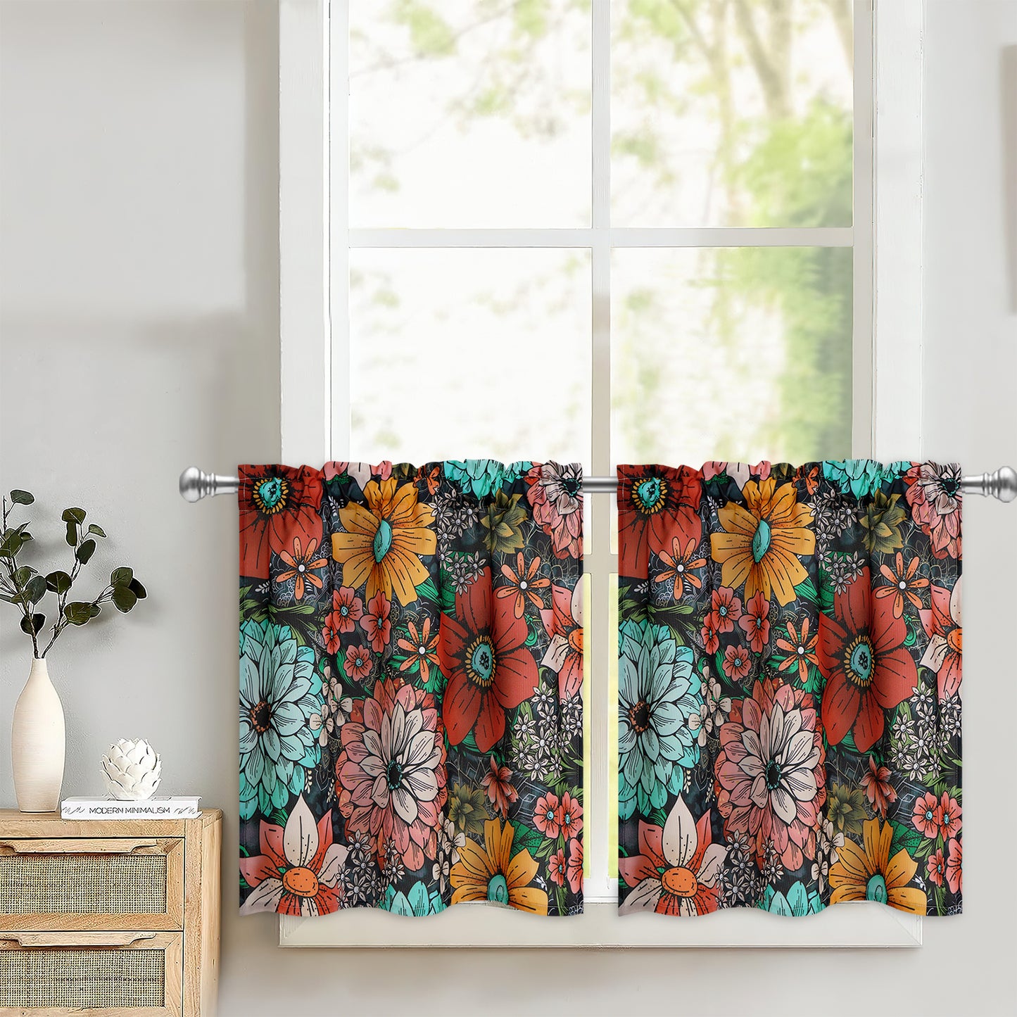 Alishomtll Boho Floral Print Kitchen Curtains Sets for Small Window,2 Panels,Rod Pocket