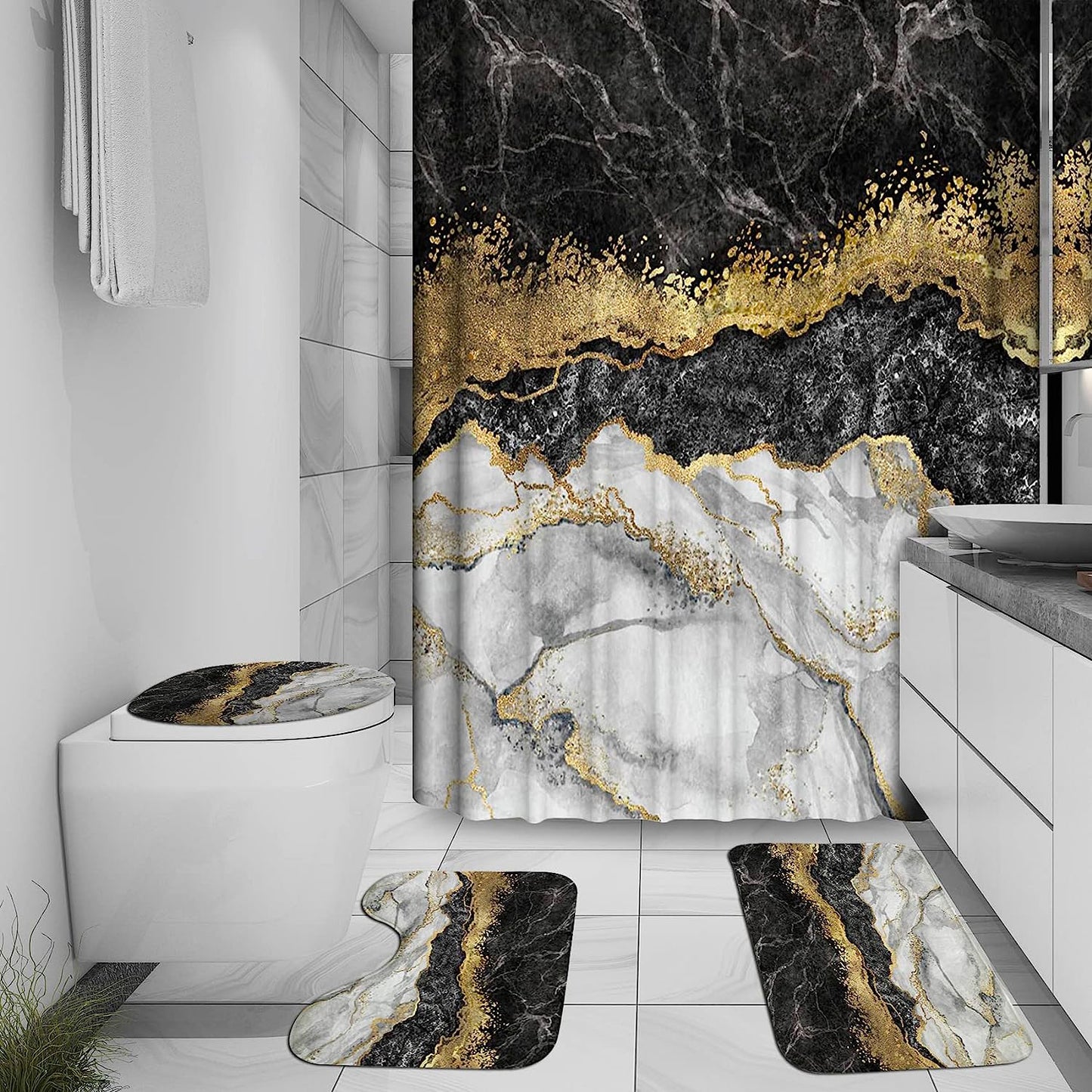 FRAMICS Black Gold Marble Shower Curtain and Rug Sets, 16 Pc Modern Bathroom Sets, Waterproof Fabric Shower Curtain with 12 Hooks and Toilet Rugs