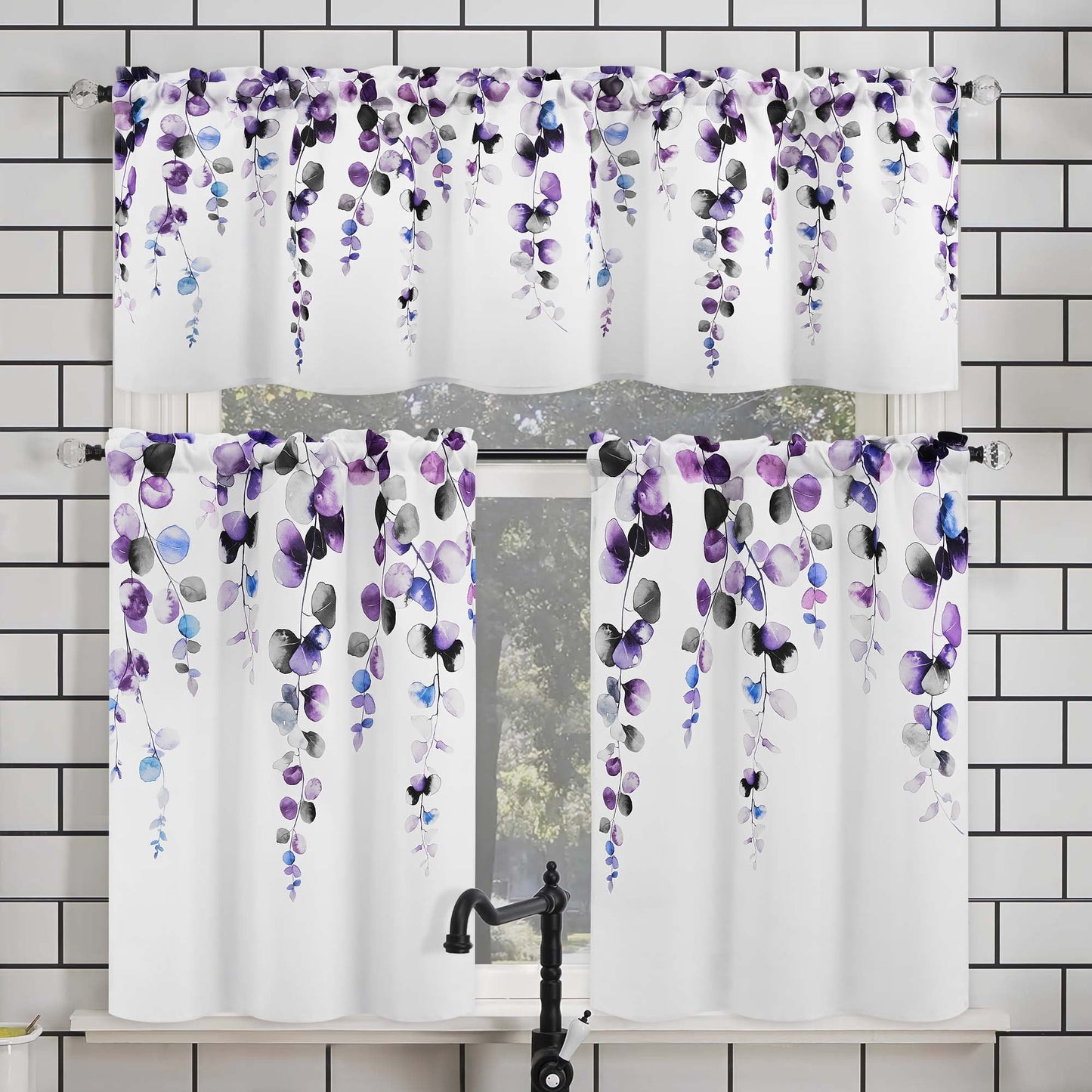 Alishomtll Valance Curtains for Living Room Bedroom Kitchen Windows Grey Purple Watercolor Leaves Print ,52 x 18 inch,Rod Pocket