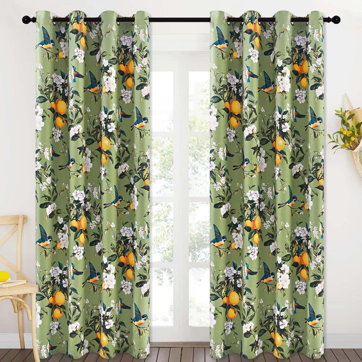 Alishomtll Floral Lemon Hummingbird Blackout Curtains Room Darkening Grommet Window Drapes for Living Room , 52" x84", ,Set of 2 Panels,Sage Green