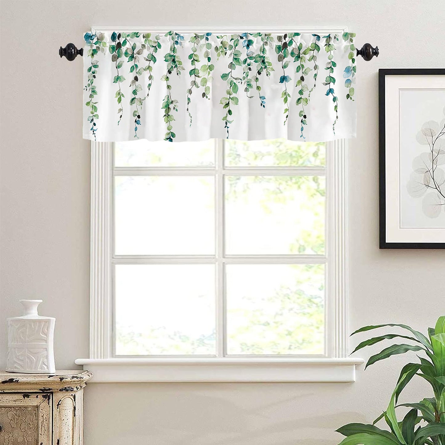 Alishomtll Valance Curtains for Living Room Bedroom Kitchen Windows Grey Green Watercolor Leaves Print ,52 x 18 inch,Rod Pocket