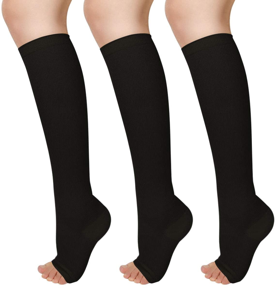 Wukang 3 Pairs S M Knee High Compression Stockings Open Toe 15-20mmhg Compression Socks for Woman Men