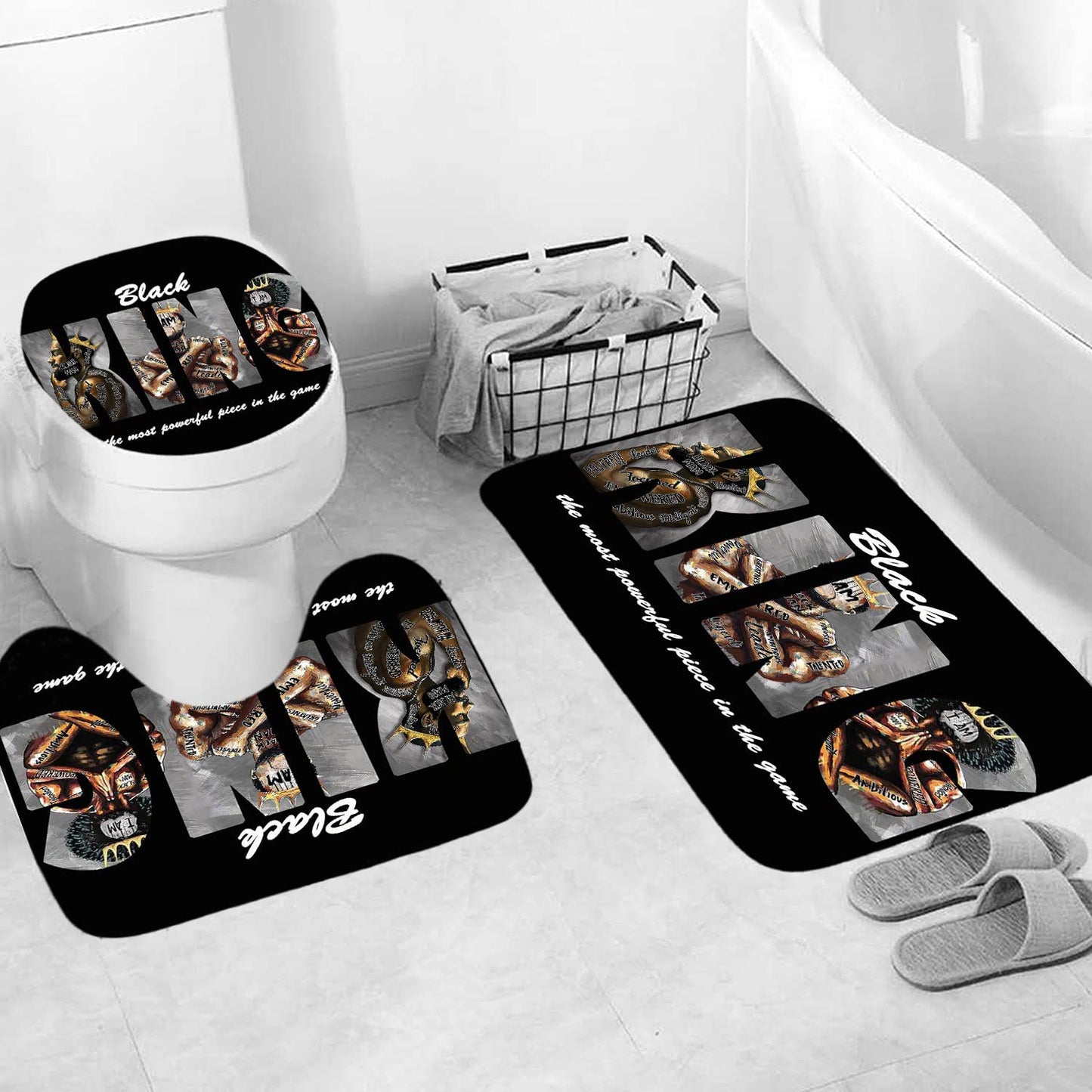 FRAMICS Black Kings Shower Curtain and Rug Sets, 16 Pc African American Man Bathroom Sets, Waterproof Fabric Shower Curtain with 12 Hooks and Toilet Rugs