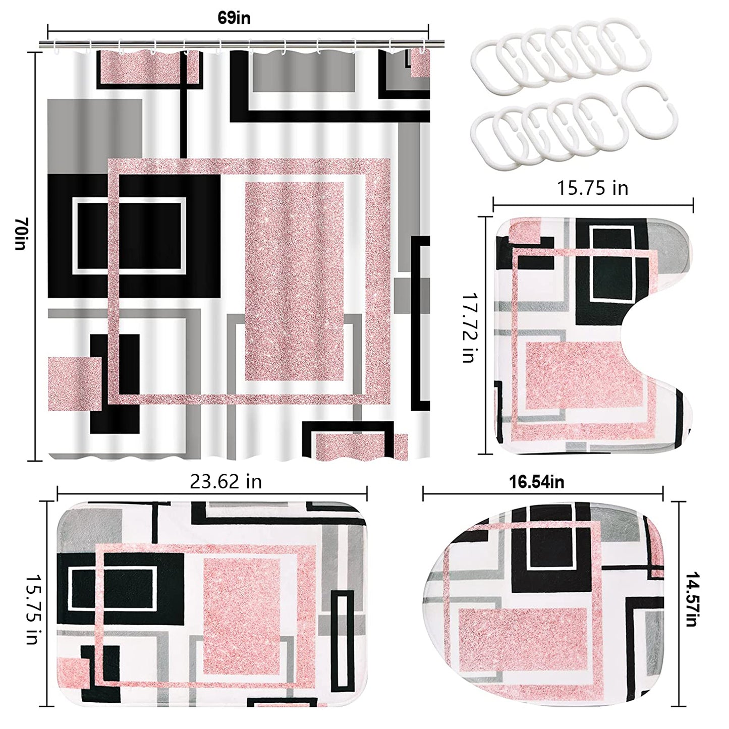 FRAMICS Pink Geometric Shower Curtain Sets with Rugs, 16 Pc Modern Abstract Bathroom Sets, Waterproof Fabric Bathroom Curtain Decor with Hooks