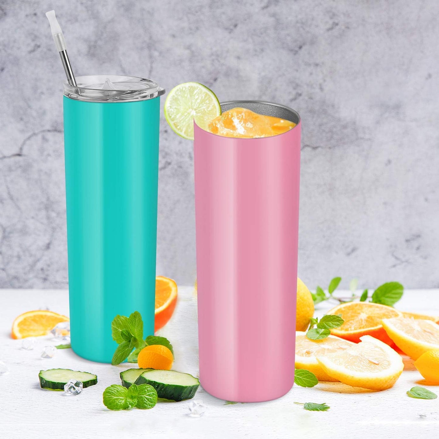 Gingprous 4 Pack Stainless Steel Skinny Tumbler with Lids and Straws , Double Wall Travel Tumblers , 20 oz Vacuum Insulated Water Tumbler Cup, Slim Vacuum Travel Mug , Multicolor