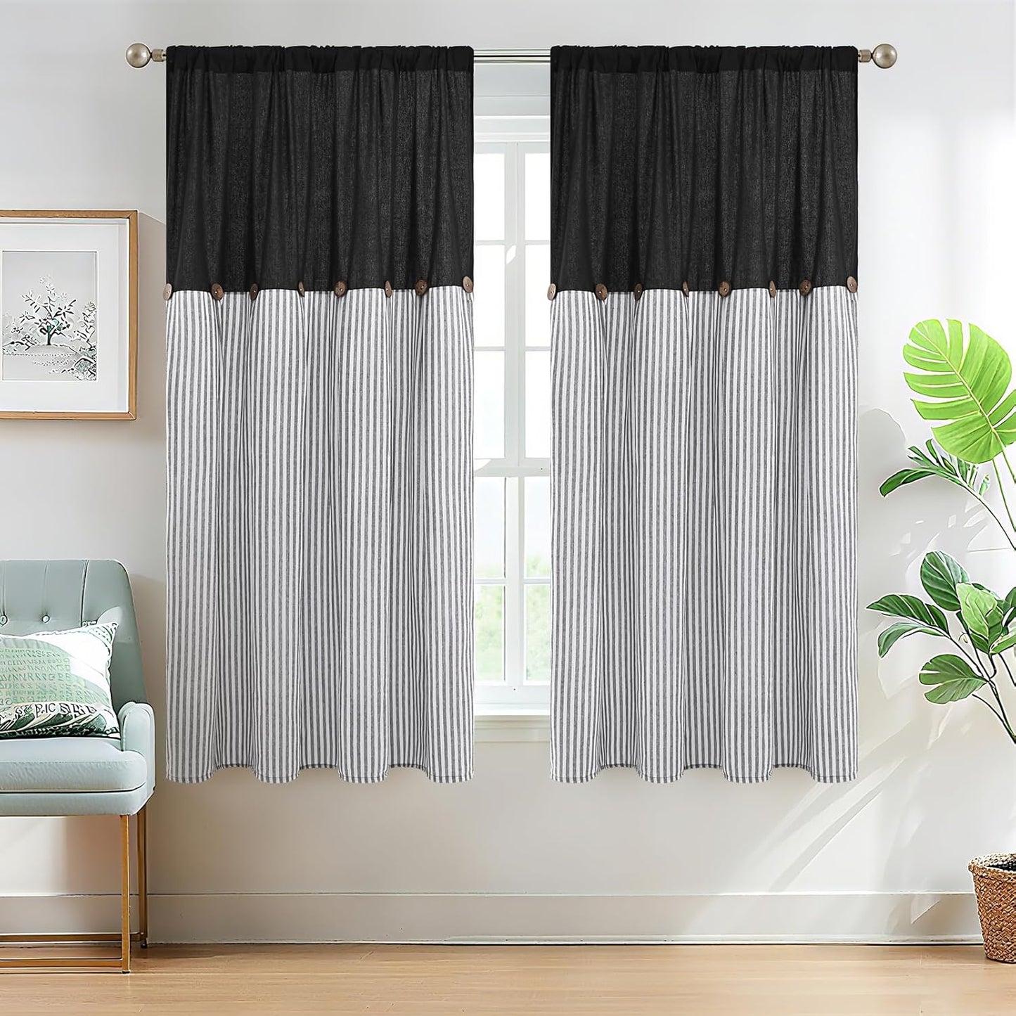 Alishomtll Farmhouse Curtains Natural Stripe Cotton Linen Button Boho Rustic Rod Pocket Back Tab Window Drapes for Living Room , 2 Panels