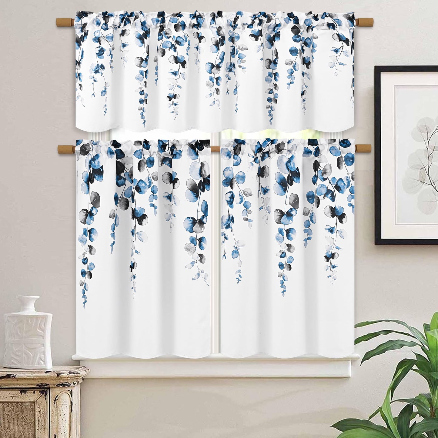 Alishomtll Valance Curtains for Living Room Bedroom Kitchen Windows Grey Blue Watercolor Leaves Print ,52 x 18 inch,Rod Pocket