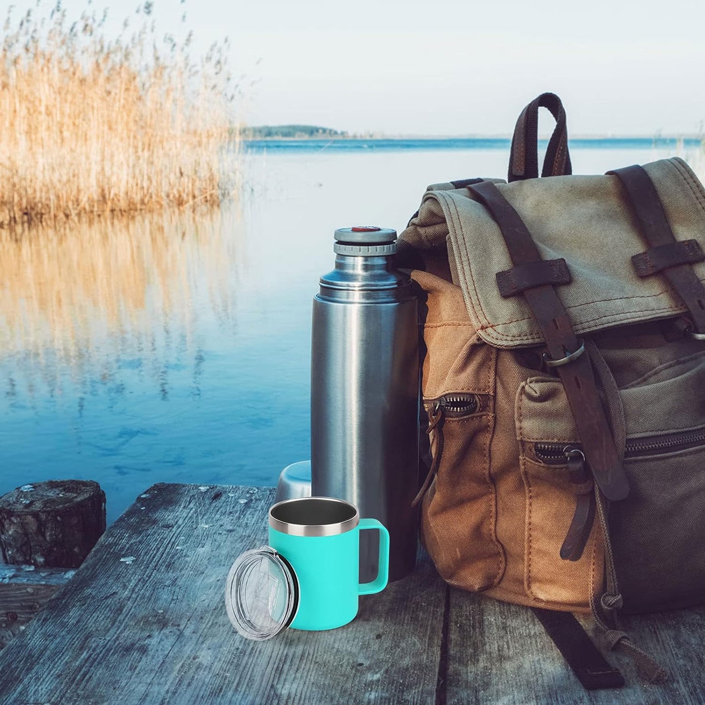 Gingprous 2 Pack 12 oz Stainless Steel Tumblers with Lids Straws, Double Wall Vacuum Insulated Camping Mug Thermal Coffee Mug for Coffee, Tea, Hot and Cold Drinks, Lake Blue