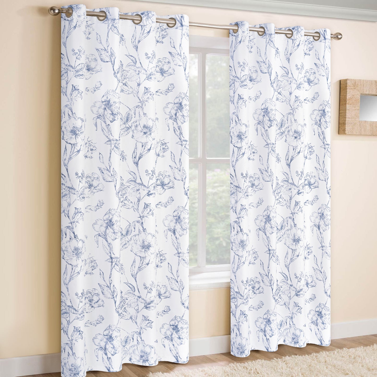 Alishomtll Floral Curtains Linen Farmhouse Curtains for Living Room Country Curtains Grommet Top Semi Sheer Curtains Light Filtering ,2 Panels