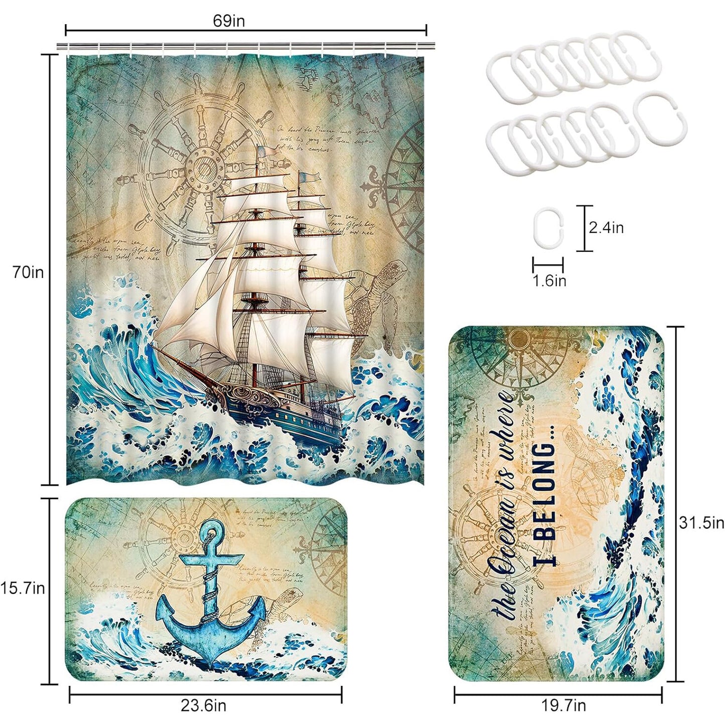 FRAMICS 15 Pc Nautical Ocean Bathroom Sets, Coastal Beach Shower curtain Sets with Non-Slip Rugs, Brown Waterproof Fabric Shower Curtain with Bath Mat and 12 Hooks