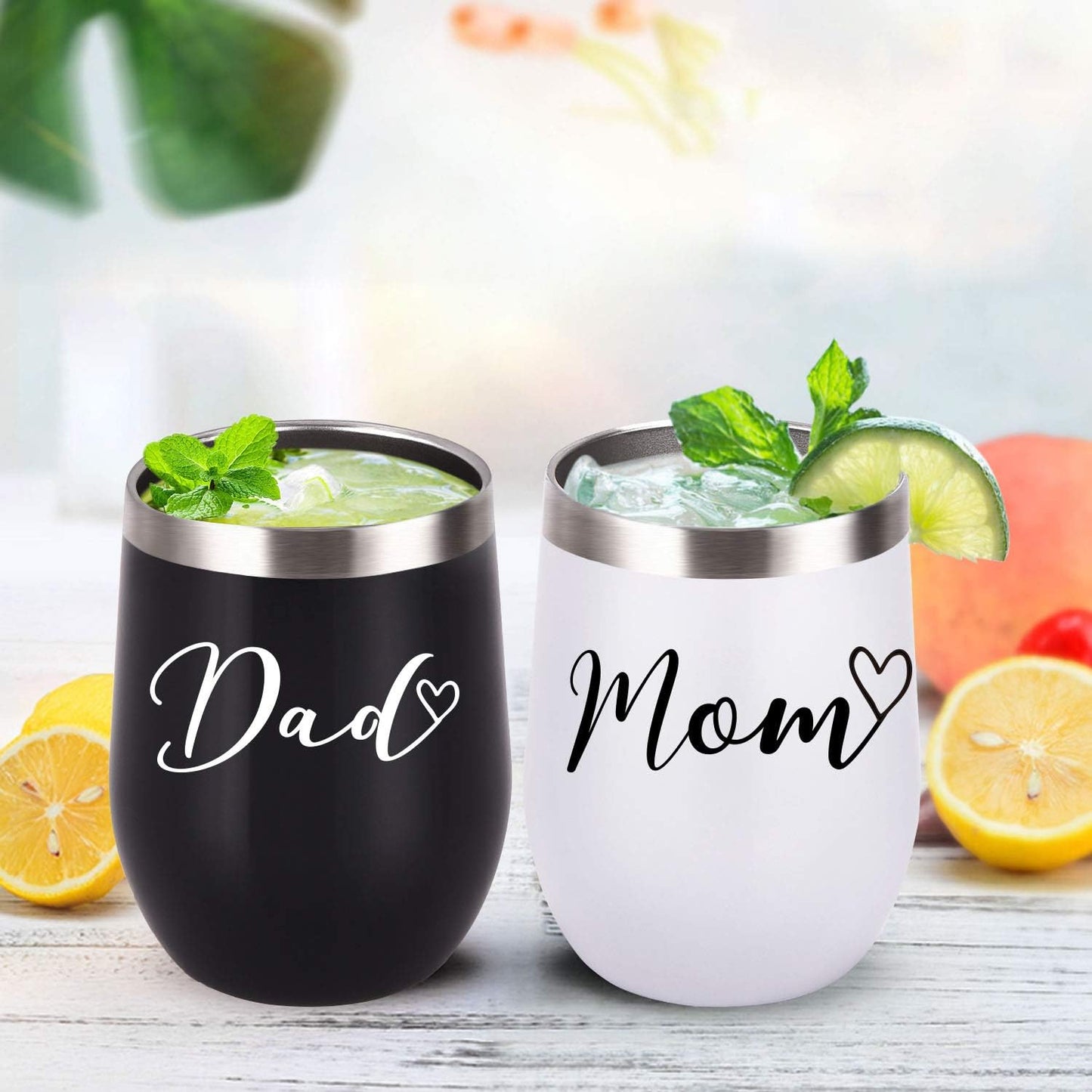 Gingprous 12oz Stainless Steel Wine Tumbler with Lid , Mom and Dad Insulated Tumbler Set , Funny Christmas Gifts , Black and White