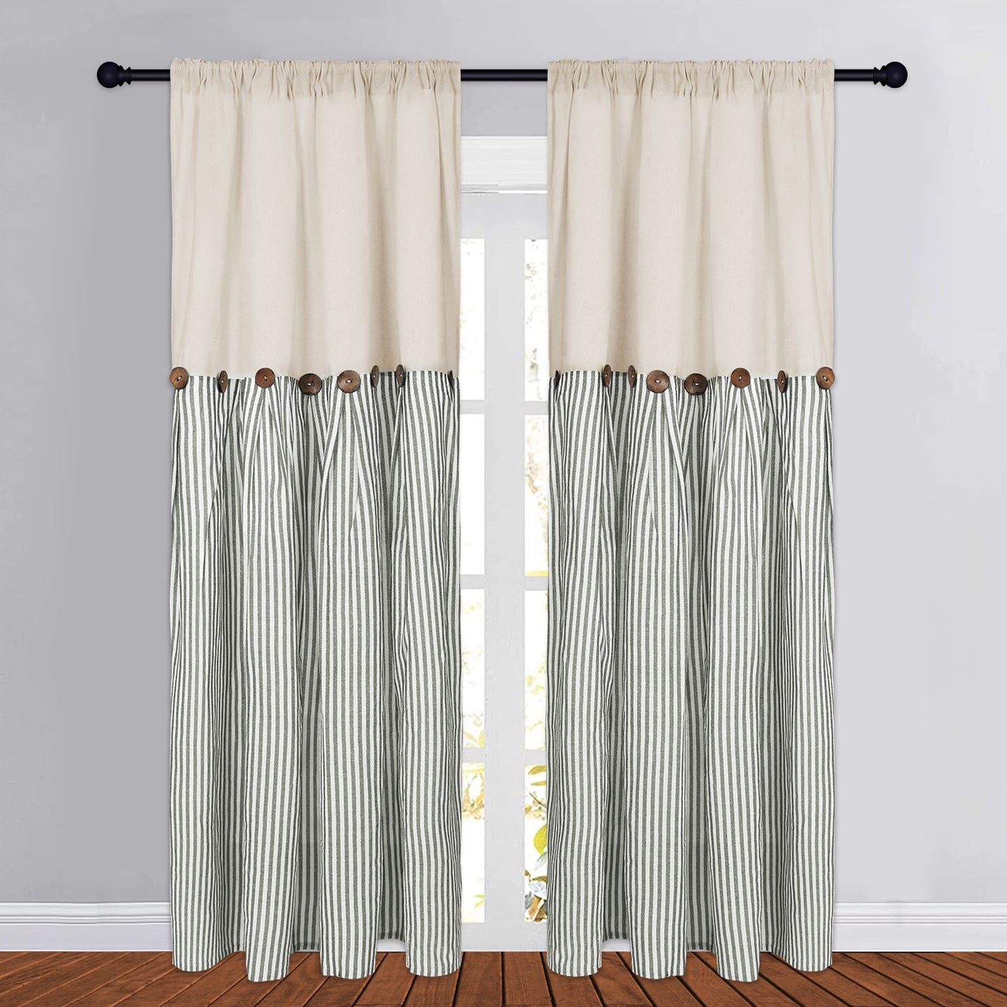 Alishomtll Farmhouse Curtains Natural Stripe Cotton Linen Button Boho Rustic Rod Pocket Back Tab Window Drapes for Living Room , 2 Panels