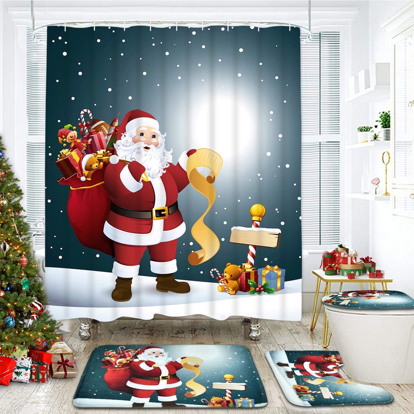 FRAMICS Merry Christmas Shower Curtain Sets with Rugs, Santa Claus Bathroom Decor Set, Blue Xmas Waterproof Fabric Shower Curtain with 12 Hooks and Toilet Rugs