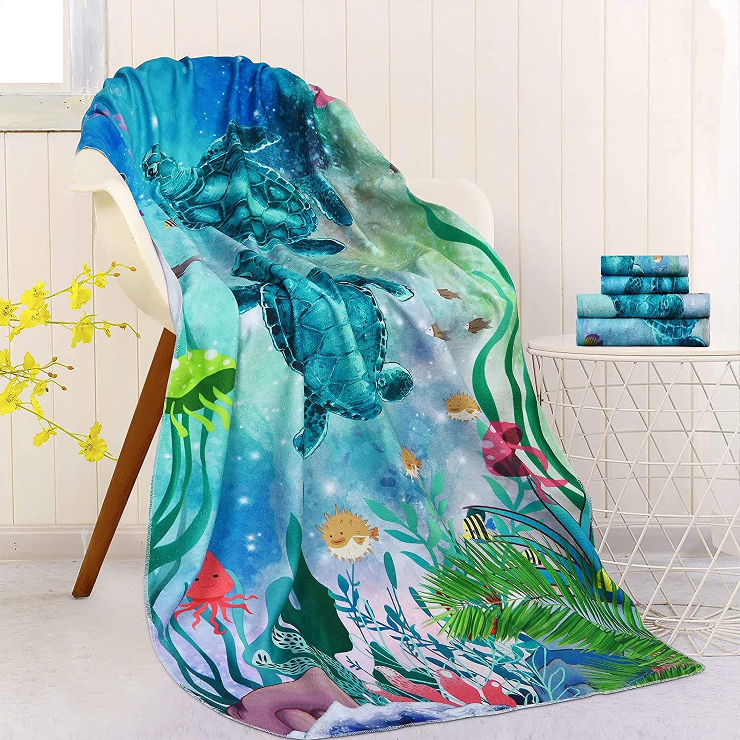Alishomtll Bath Towels Set Sea Turtle Pattern Include Bath Towel, Hand Towel and Wash Towel for Bathroom