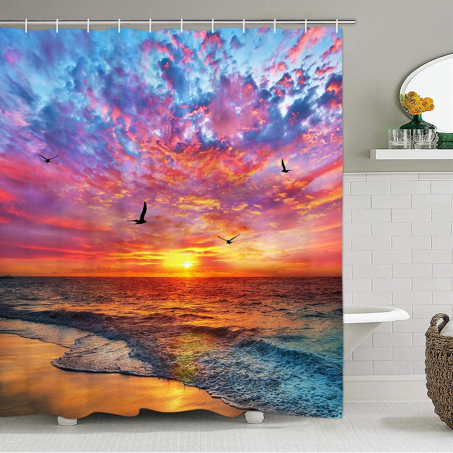FRAMICS 16 Pc Beach Seagull Shower Curtain and Rug Sets, Purple Sunset Bathroom Sets, Waterproof Fabric Shower Curtain with 12 Hooks and Toilet Rugs