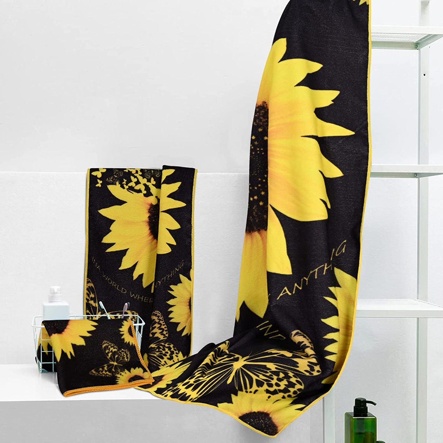 Alishomtll 3Pcs Sunflower Bath Towels Set Include Bath Towel, Hand Towel and Wash Towel, Soft Water Absorbent Beach Towel for Bathroom