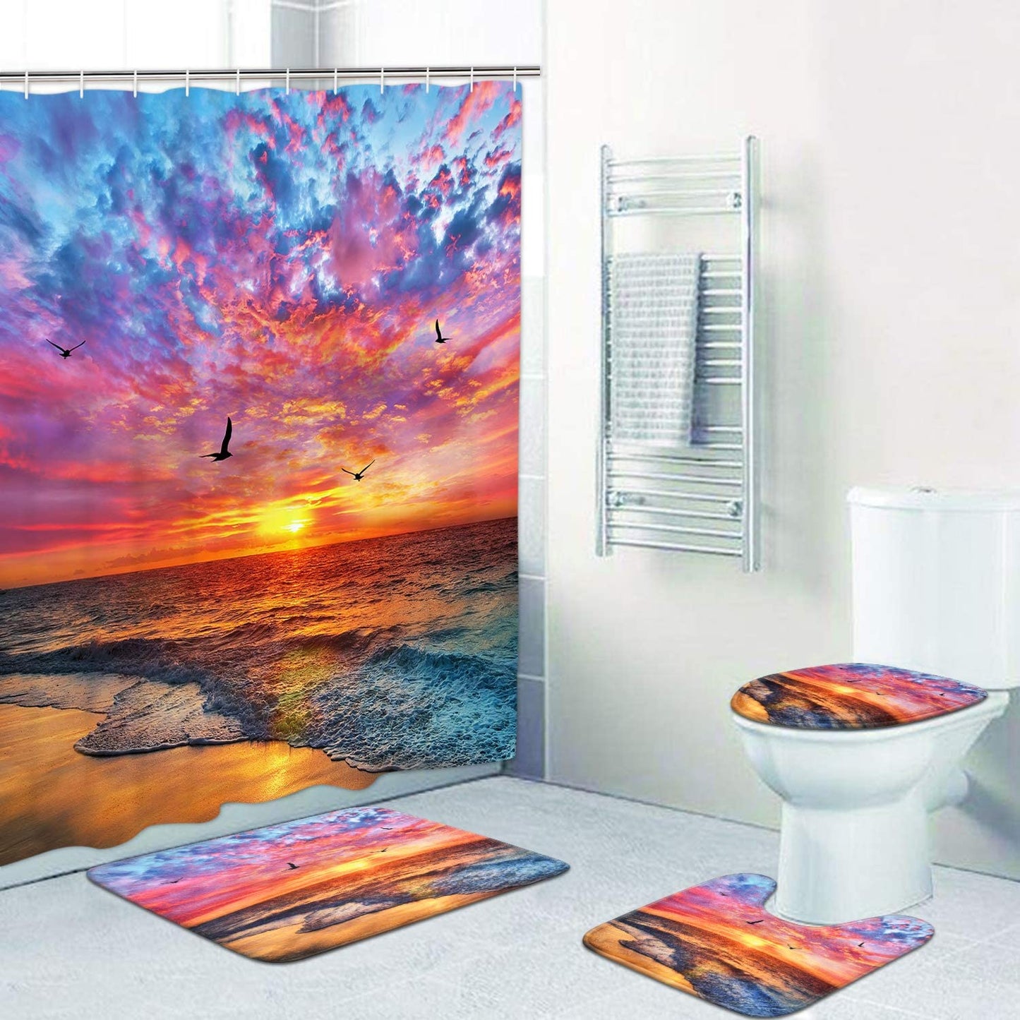 FRAMICS 16 Pc Beach Seagull Shower Curtain and Rug Sets, Purple Sunset Bathroom Sets, Waterproof Fabric Shower Curtain with 12 Hooks and Toilet Rugs