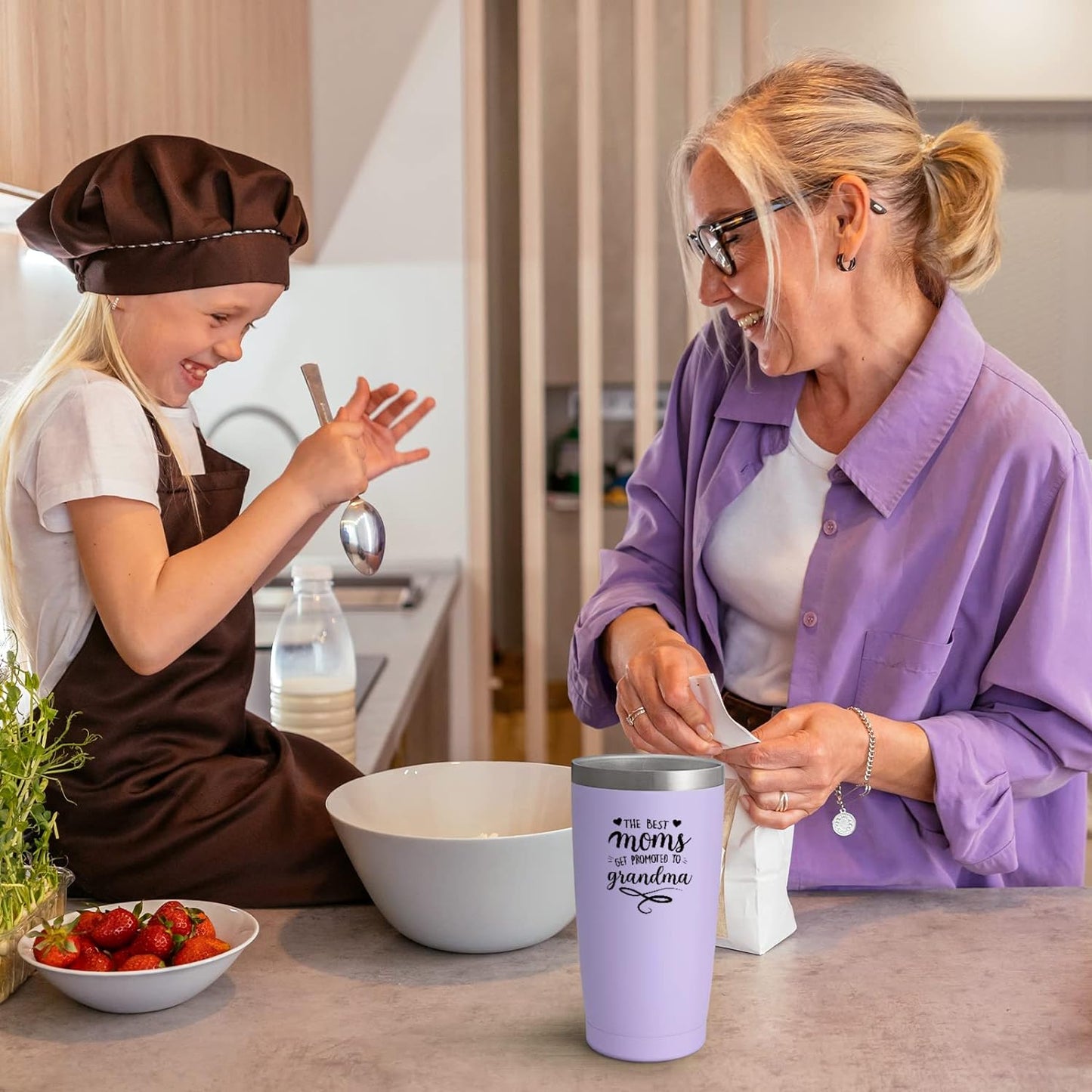 Gingprous 20 oz The Best mom's Get Promoted To Grandma Stainless Steel Tumblers with Lids Straws, Double Wall Travel Tumblers, Vacuum Insulated Tumblers , Purple