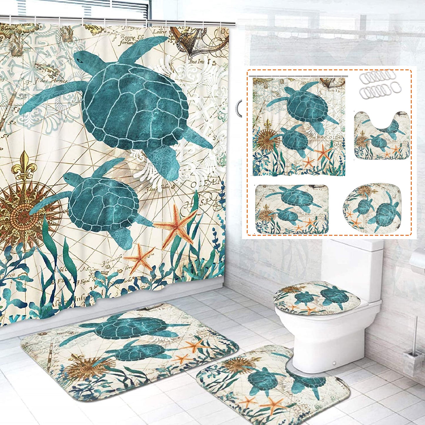FRAMICS Sea Turtle Shower Curtain and Rug Sets, 16 Pc Blue Ocean Creature Landscape Bathroom Sets, Waterproof Fabric Shower Curtain with 12 Hooks and Toilet Rugs