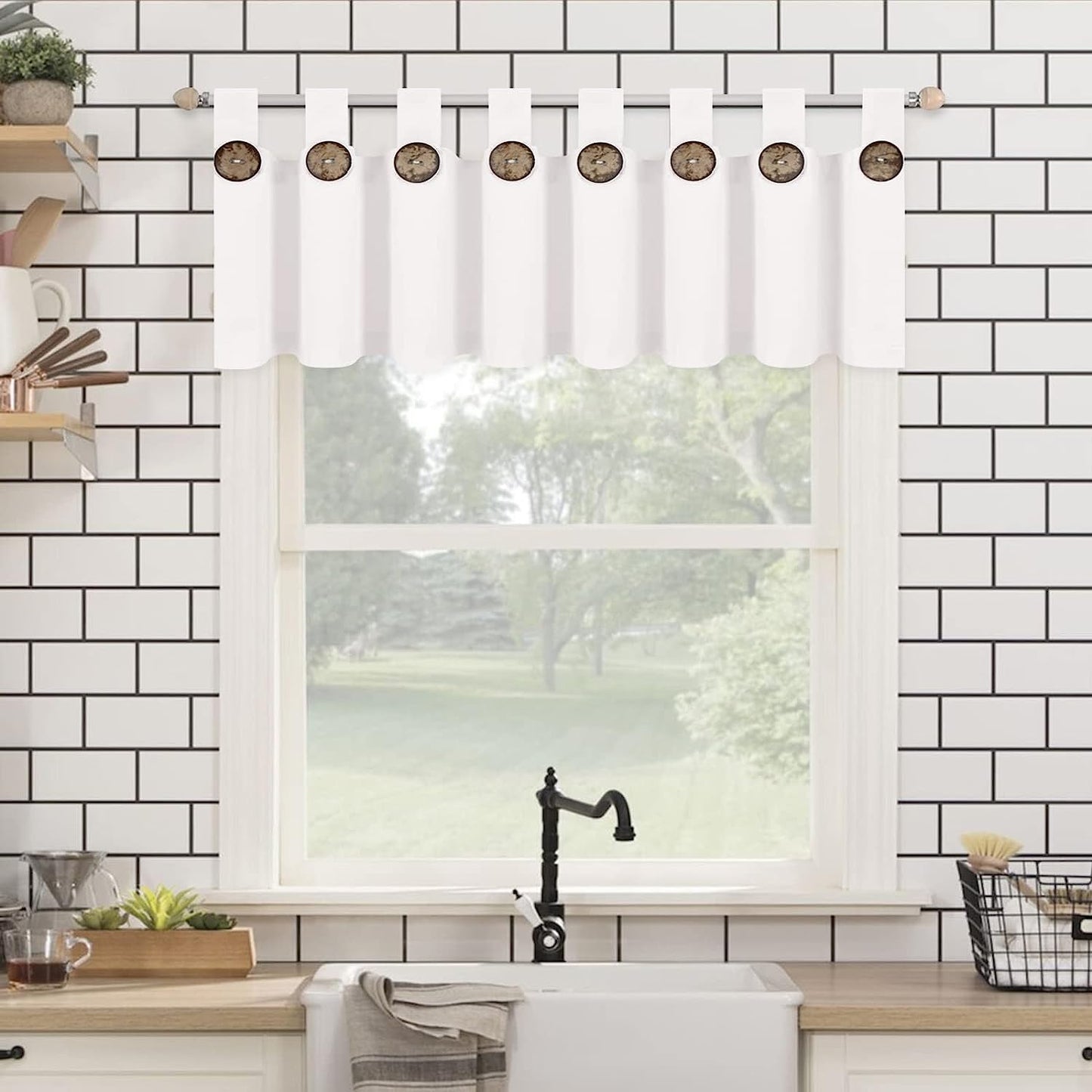 Alishomtll Solid White Valance Button Curtains for Kitchen Living Room Farmhouse Tab Top Bathroom Curtains for Small Window Single Panel 18 Inch Length