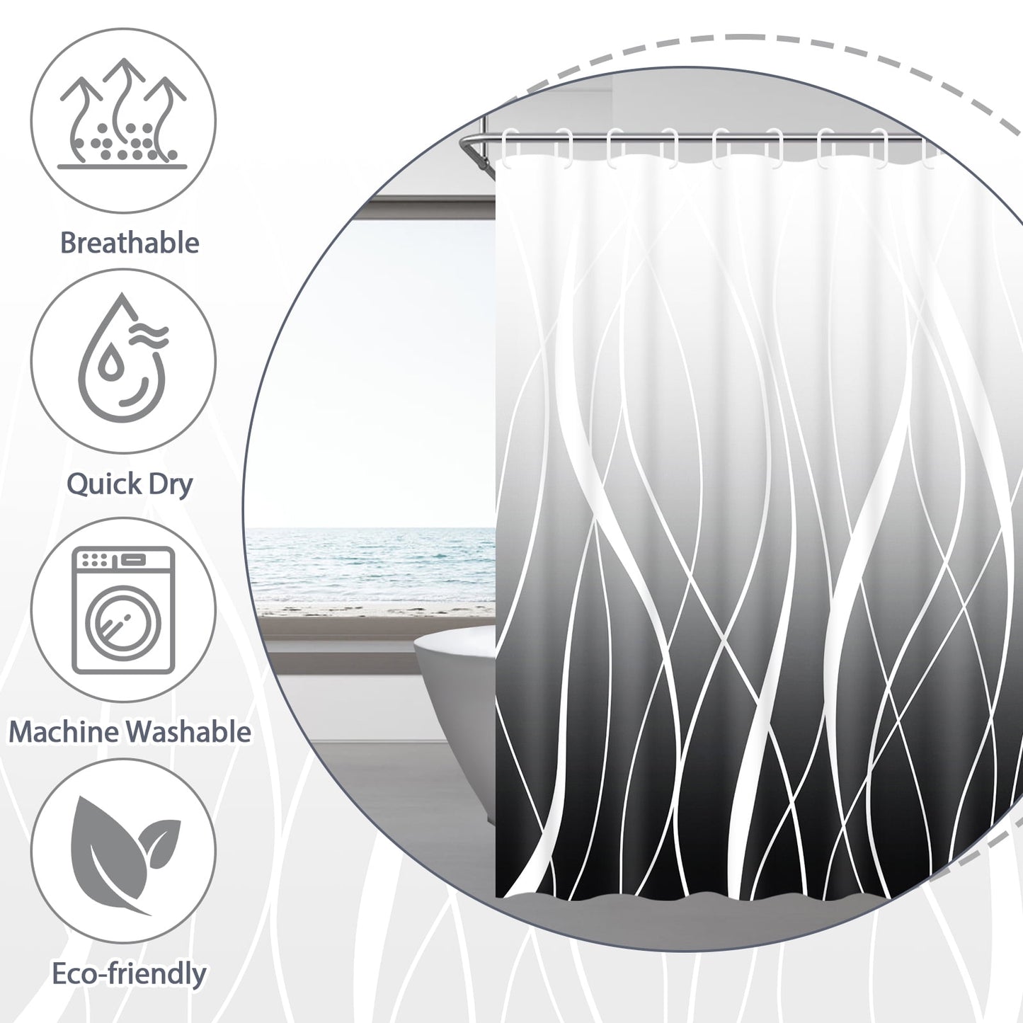 FRAMICS 15-Piece Ombre Black Shower Curtain Sets with Rugs, Waterproof Fabric Striped Gradient Bathroom Sets, 72" x 72"