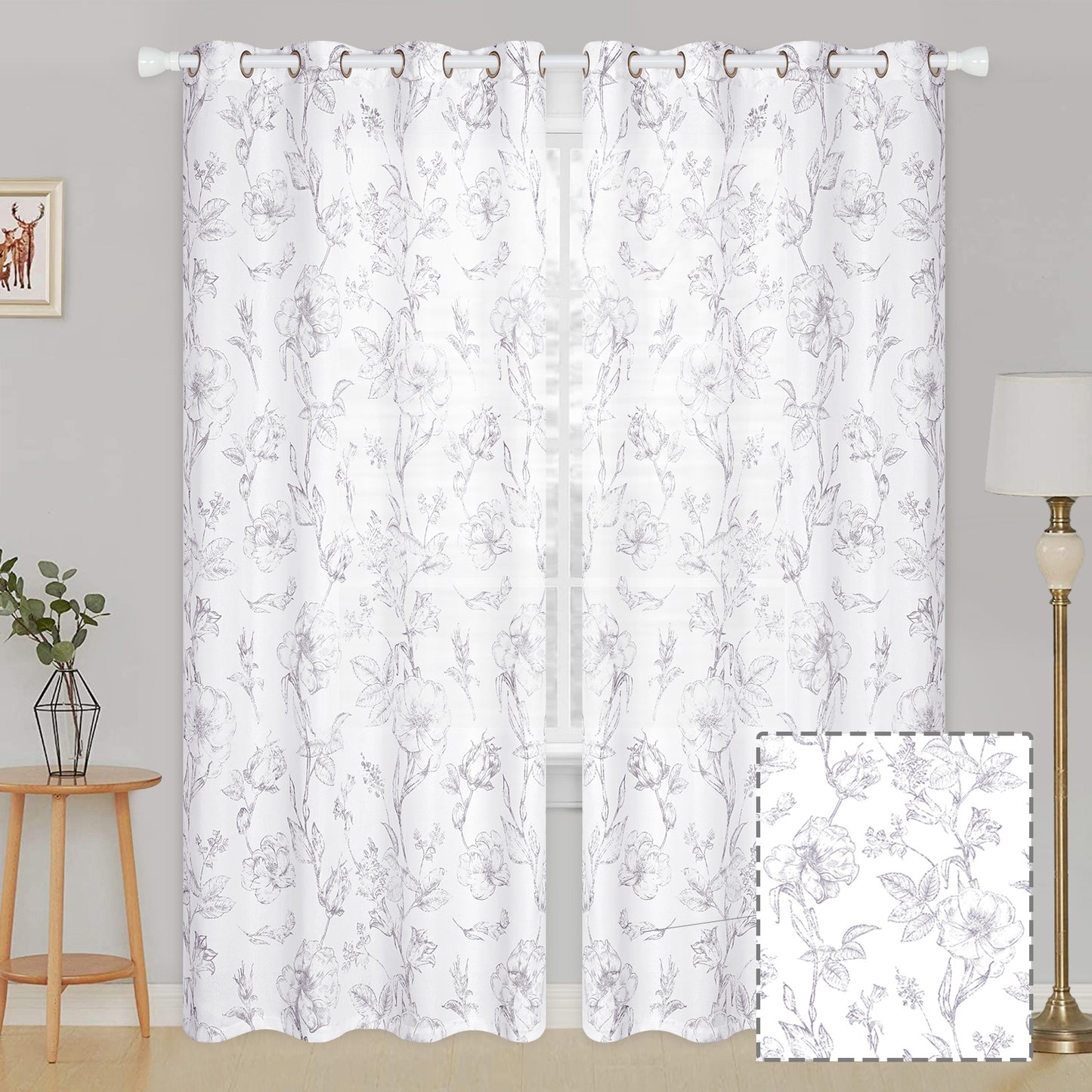 Alishomtll Floral Curtains Linen Farmhouse Curtains for Living Room Country Curtains Grommet Top Semi Sheer Curtains Light Filtering ,2 Panels
