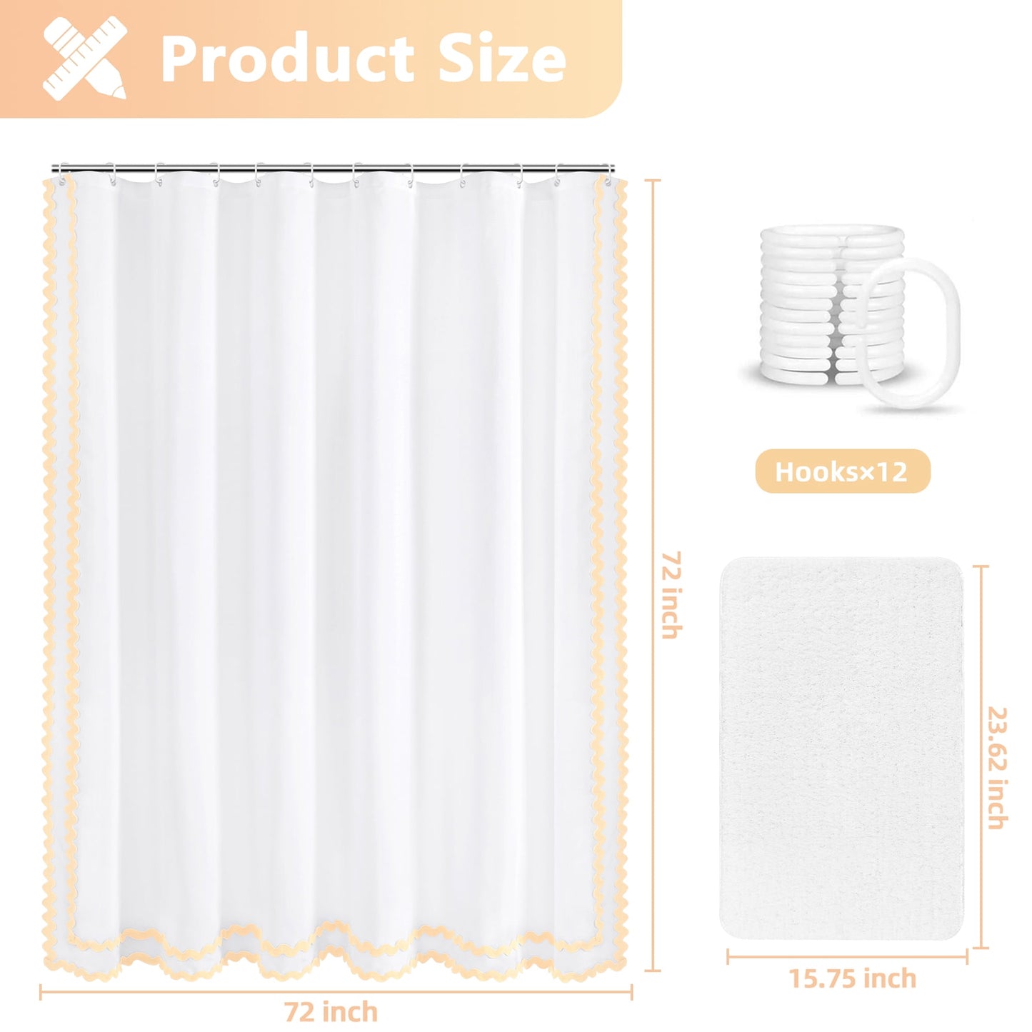 FRAMICS Beige Scalloped Fabric Shower Curtain Sets with Rug, 14 Piece Bathroom Sets with Hooks, Slub Textured Heavy-Duty & Waterproof, 72" x 72"