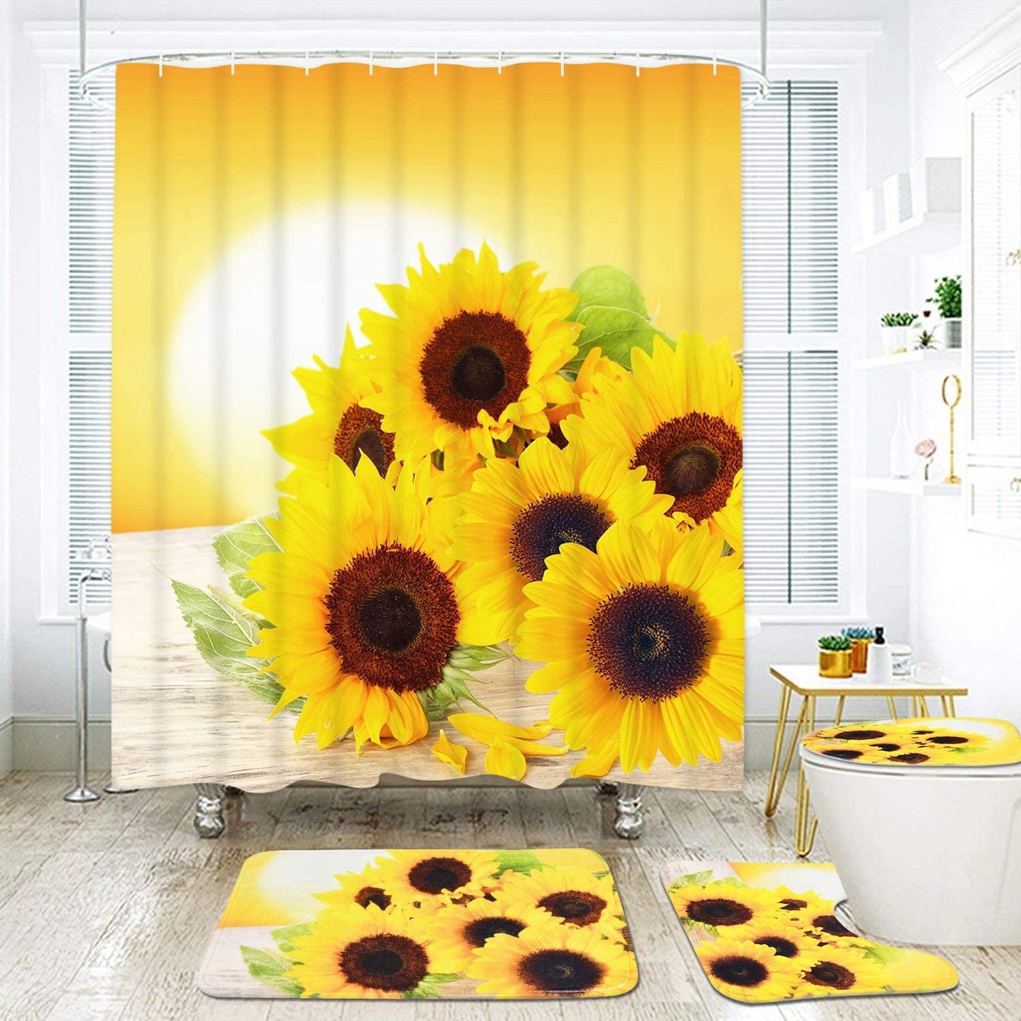FRAMICS Yellow Sunflower Shower Curtain and Rug Sets, 16 Pc Flowers Bathroom Sets, Waterproof Fabric Shower Curtain with 12 Hooks and Toilet Rugs