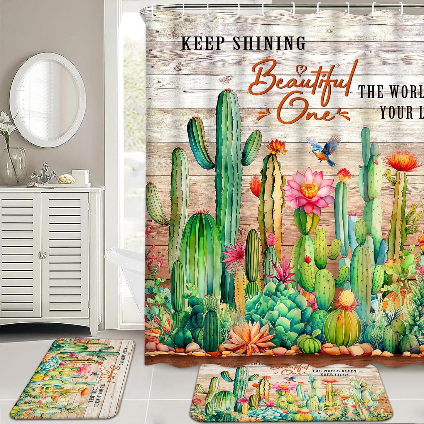 FRAMICS 15 Pc Cactus Shower Curtain Sets, Tropical Succulent Bathroom Sets with Non-Slip Rugs, Rustic Wooden Board Waterproof Fabric Shower Curtain with Bath Mat and 12 Hooks
