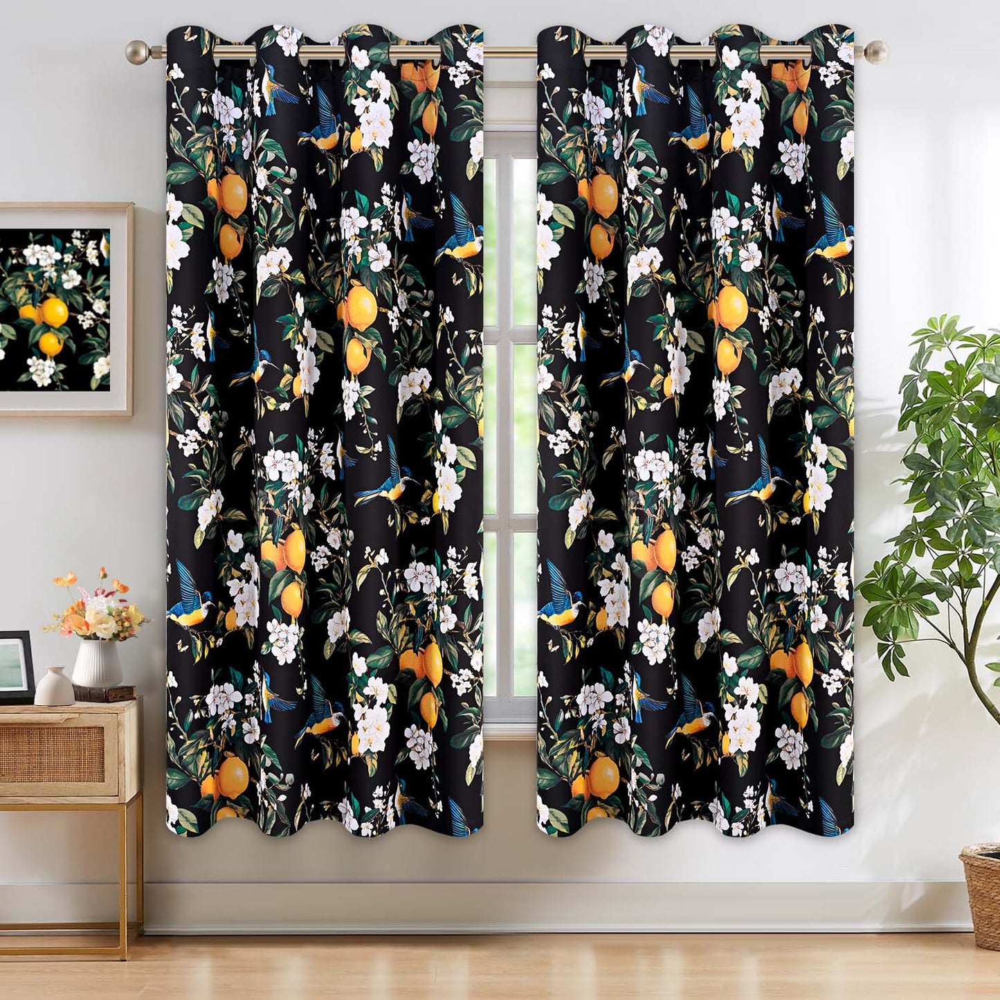 Alishomtll Floral Lemon Hummingbird Blackout Curtains Room Darkening Grommet Window Drapes for Living Room , 52" x63", ,Set of 2 Panels,Black