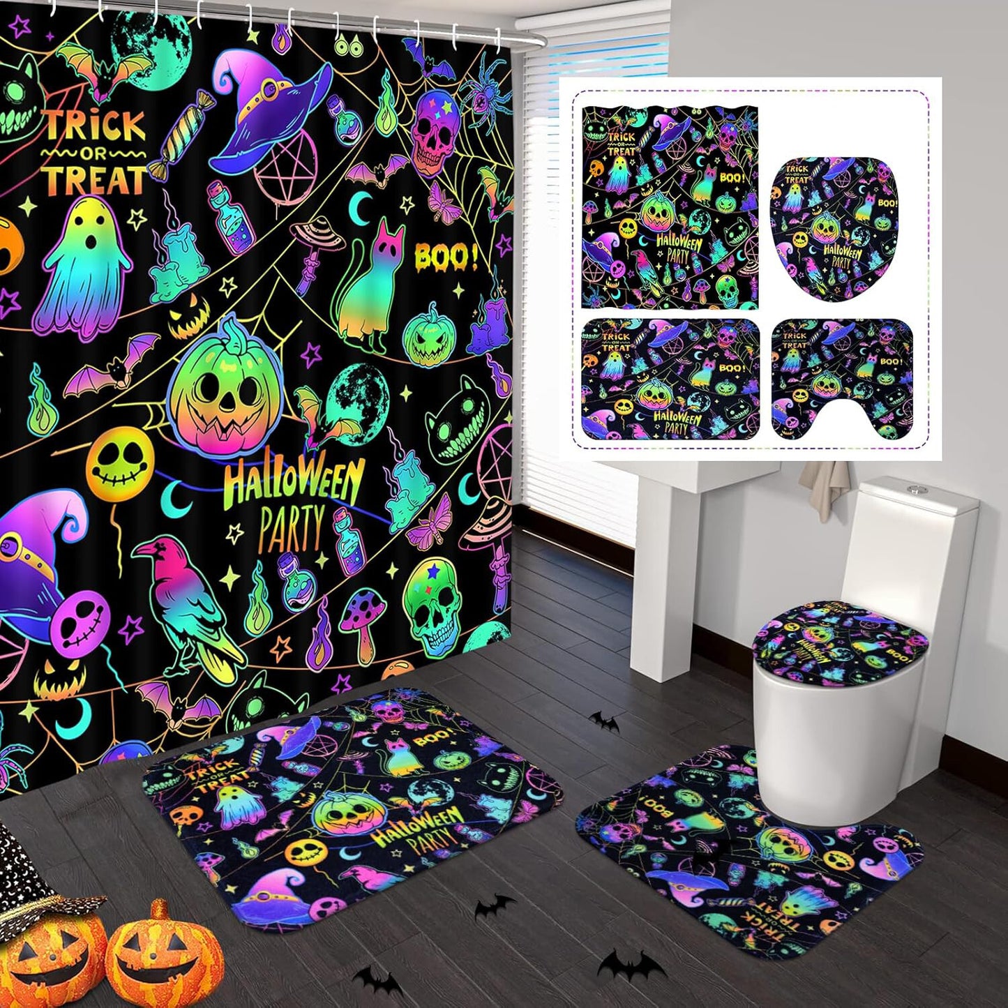 FRAMICS Halloween Blacklight Shower Curtain Sets with Rugs, 16 Pc Colorful Pumpkin Ghost Bathroom Sets, Waterproof Fabric Bathroom Curtain Decor with Hooks
