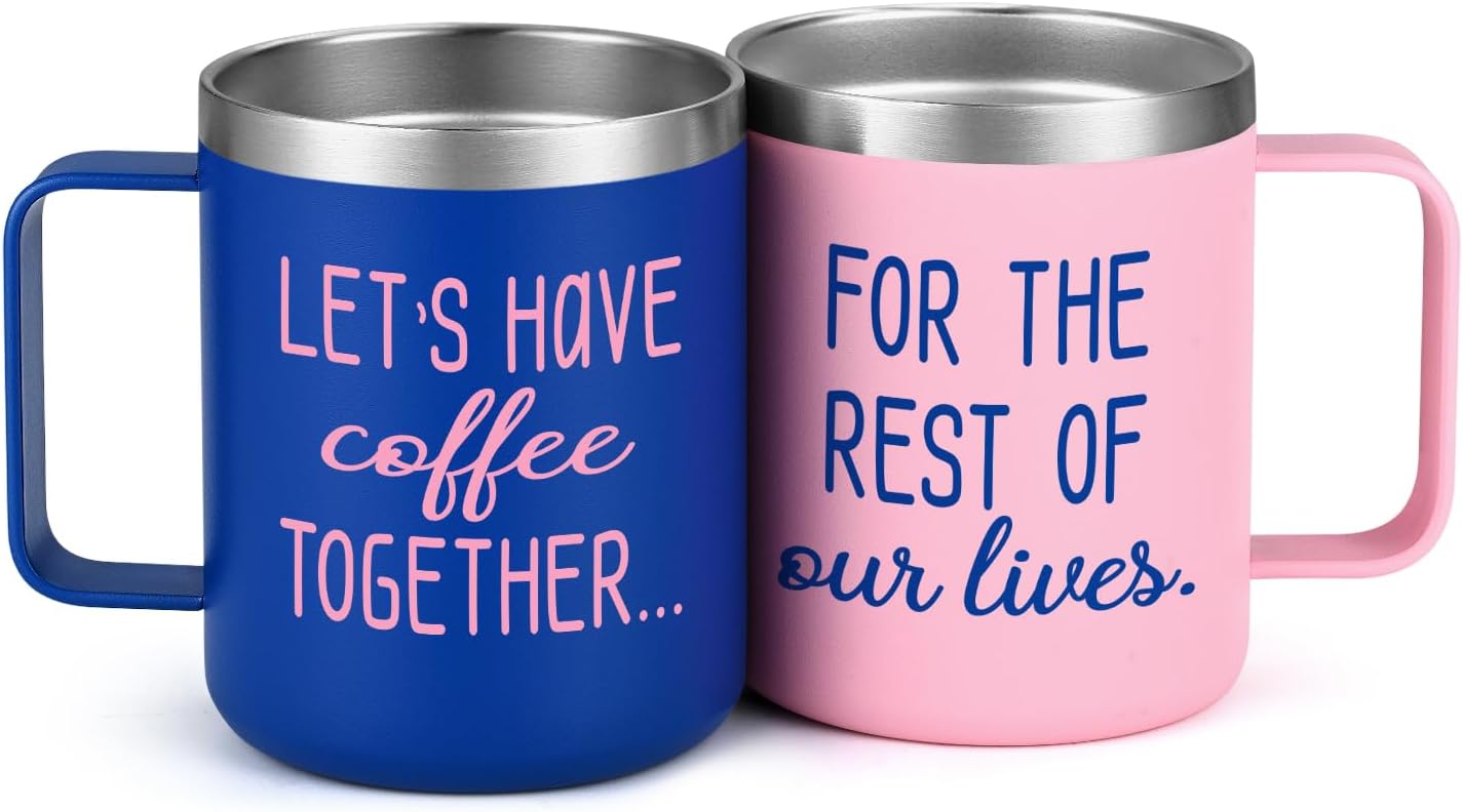 Gingprous "Lets Have Coffee Together For The Rest Of Our Lives " Stainless Steel Tumbler Set , 12 oz Vacuum Insulated Tumblers, Engagement Mr and Mrs Wedding Gift for Couple, Blue & Pink
