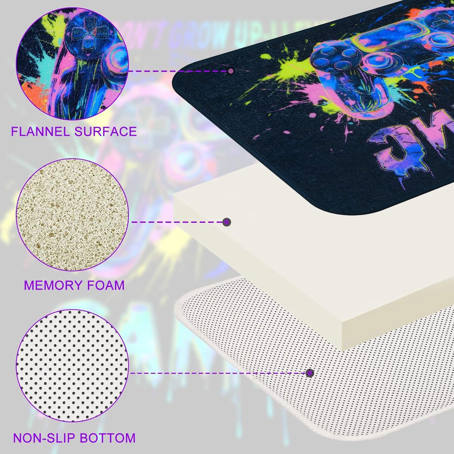 FRAMICS Blacklight Gaming Shower Curtain Sets with Rugs, 16 Pc Videogames Gamepad Bathroom Sets, Waterproof Fabric Bathroom Curtain Decor with Hooks for Boys Kids