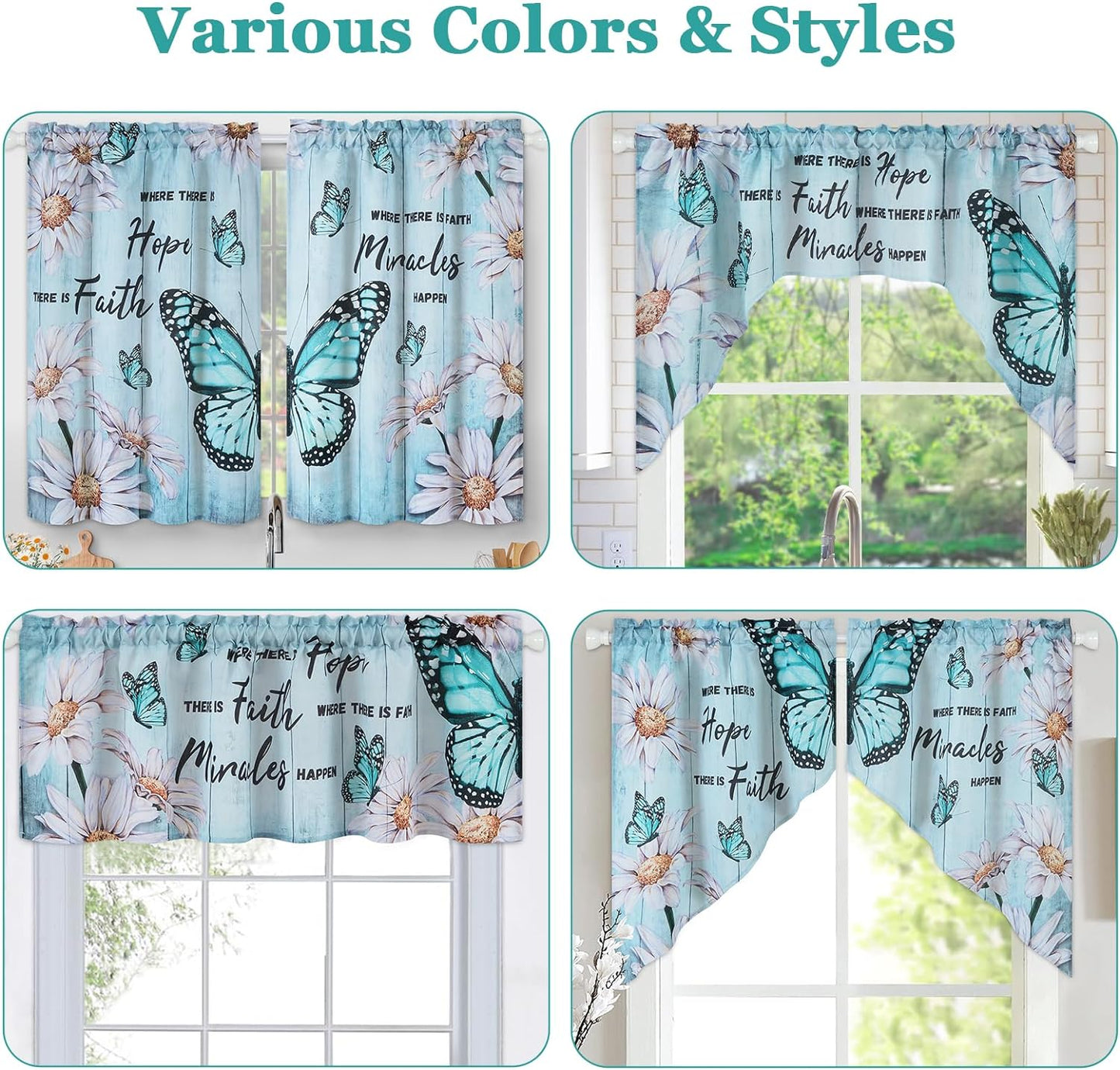 Alishomtll Kitchen Curtains Swags for Windows Butterfly Floral Printed Window Drapes,28" W x 36" L,2 Panels,Rod Pocket,Teal