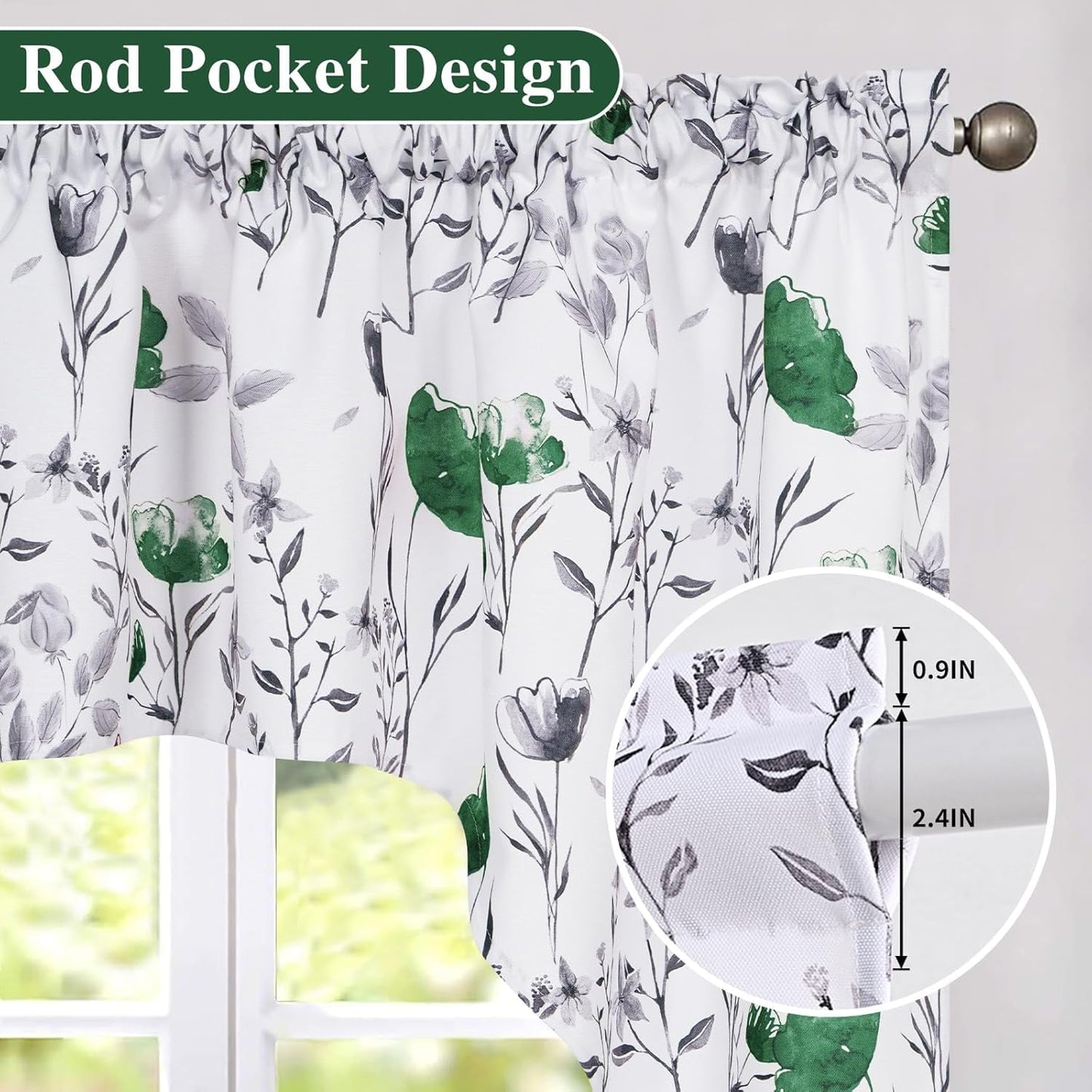 Alishomtll Kitchen Curtains Valances Swags for Windows Green Floral Printed Window Drapes, 61" W x 36"