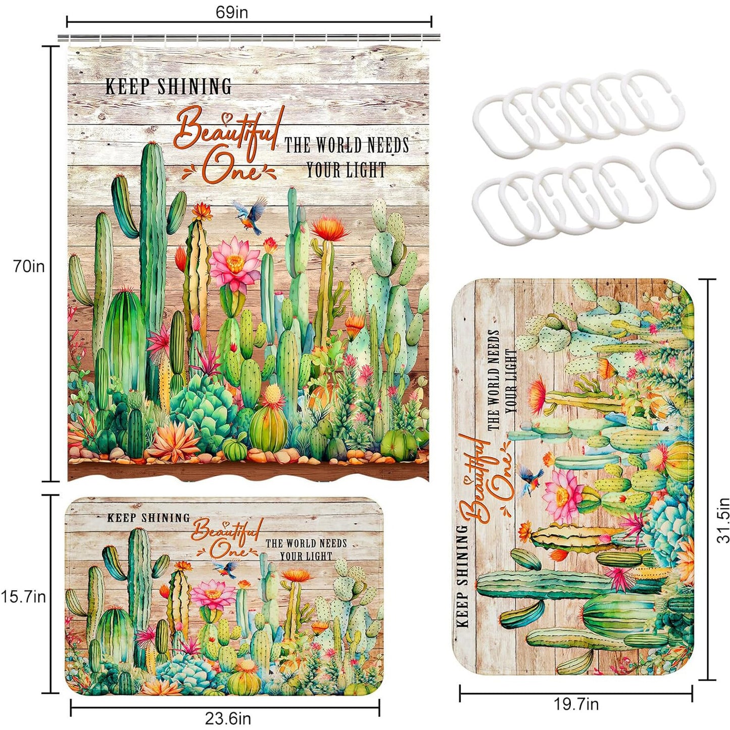 FRAMICS 15 Pc Cactus Shower Curtain Sets, Tropical Succulent Bathroom Sets with Non-Slip Rugs, Rustic Wooden Board Waterproof Fabric Shower Curtain with Bath Mat and 12 Hooks