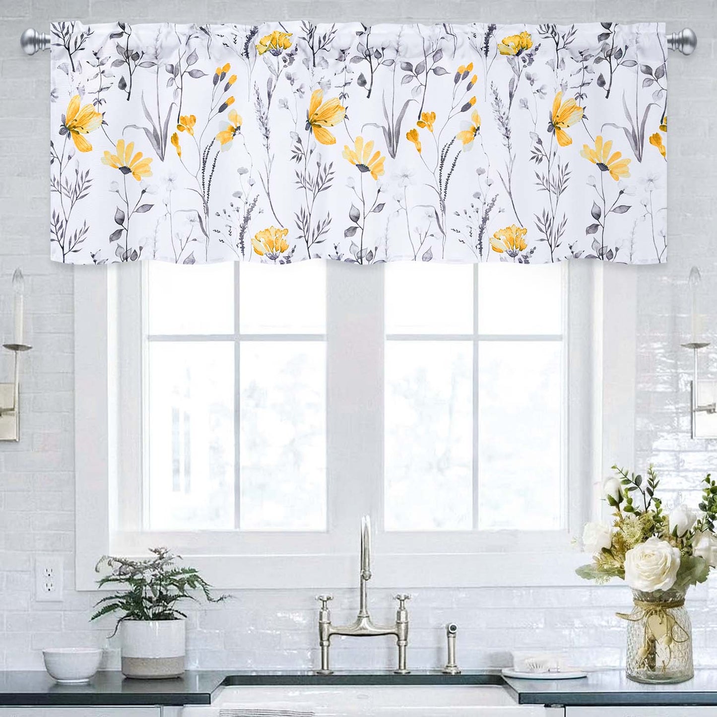 Alishomtll Valance Curtains Yellow Flower Floral Print Valances for Windows Rod Pocket,52W" x 18L"