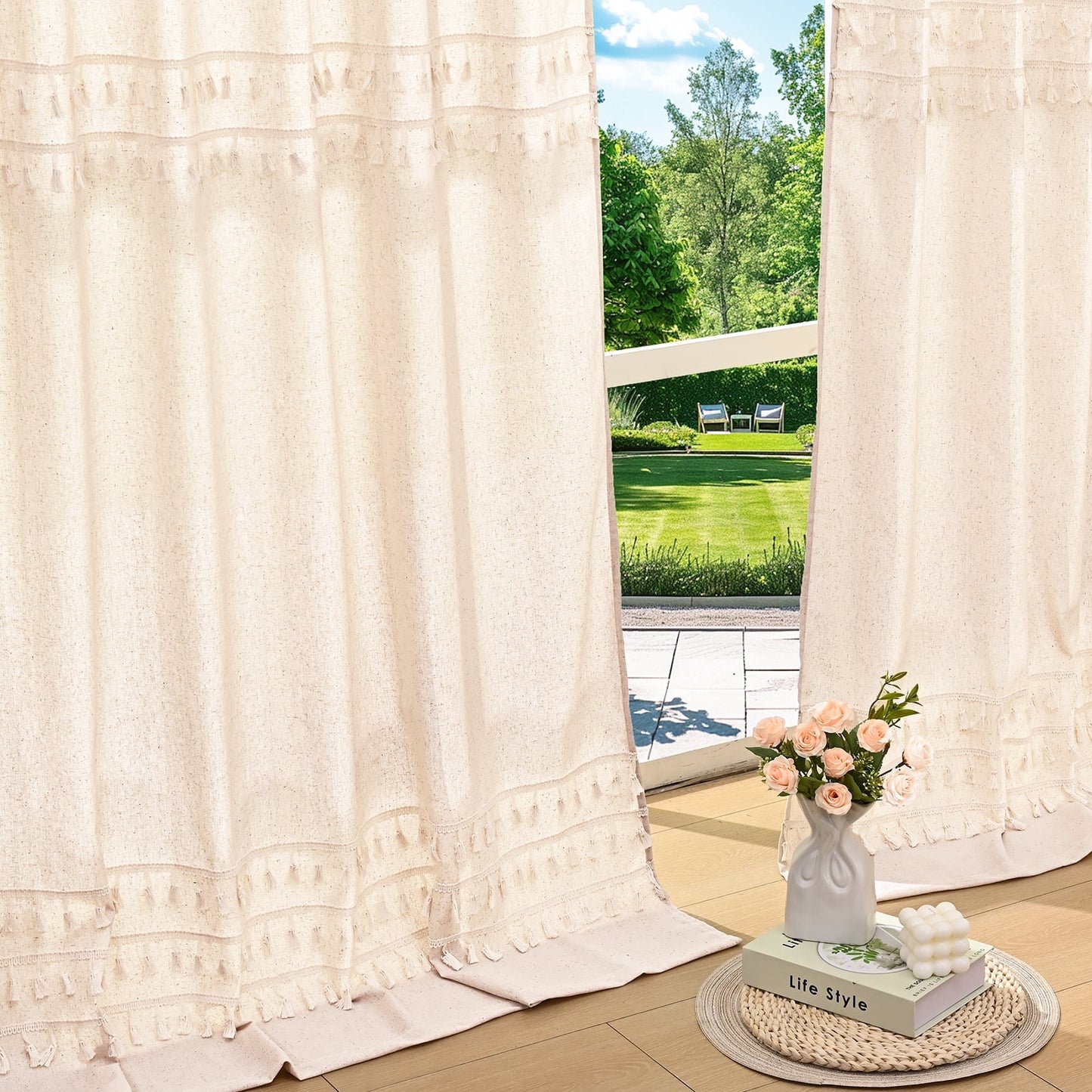 Alishomtll Boho Curtains for Living Room Semi Blackout Curtains with 8 Tassel Window Drapes Back Tab ,Natural,52"Wx84"L,2 Panels