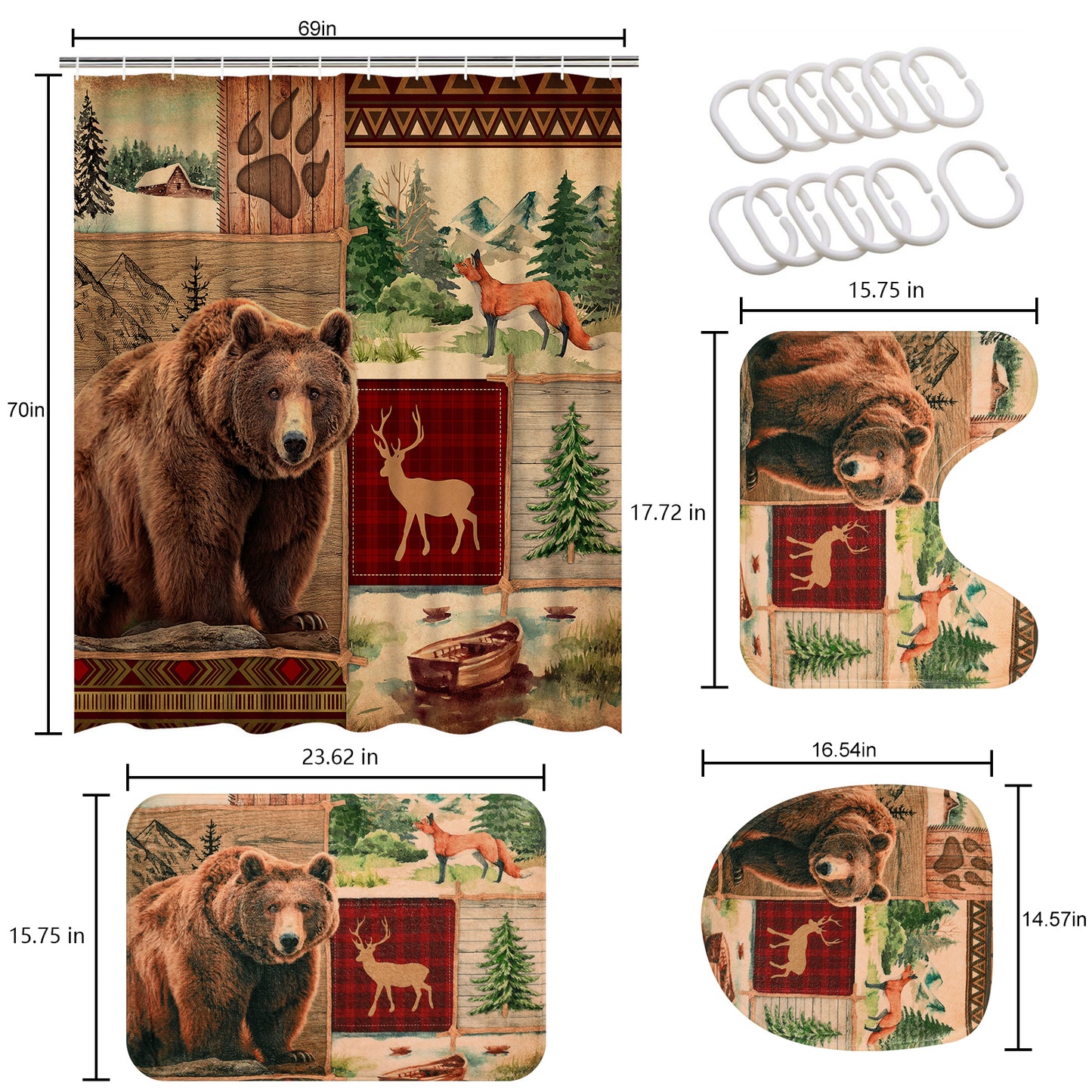 FRAMICS 16 Pc Rustic Bear Shower Curtain Sets with Rugs, Farmhouse Country Cabin Bathroom Sets, Brown Deer Waterproof Fabric Shower Curtain with 12 Hooks and Toilet Rugs