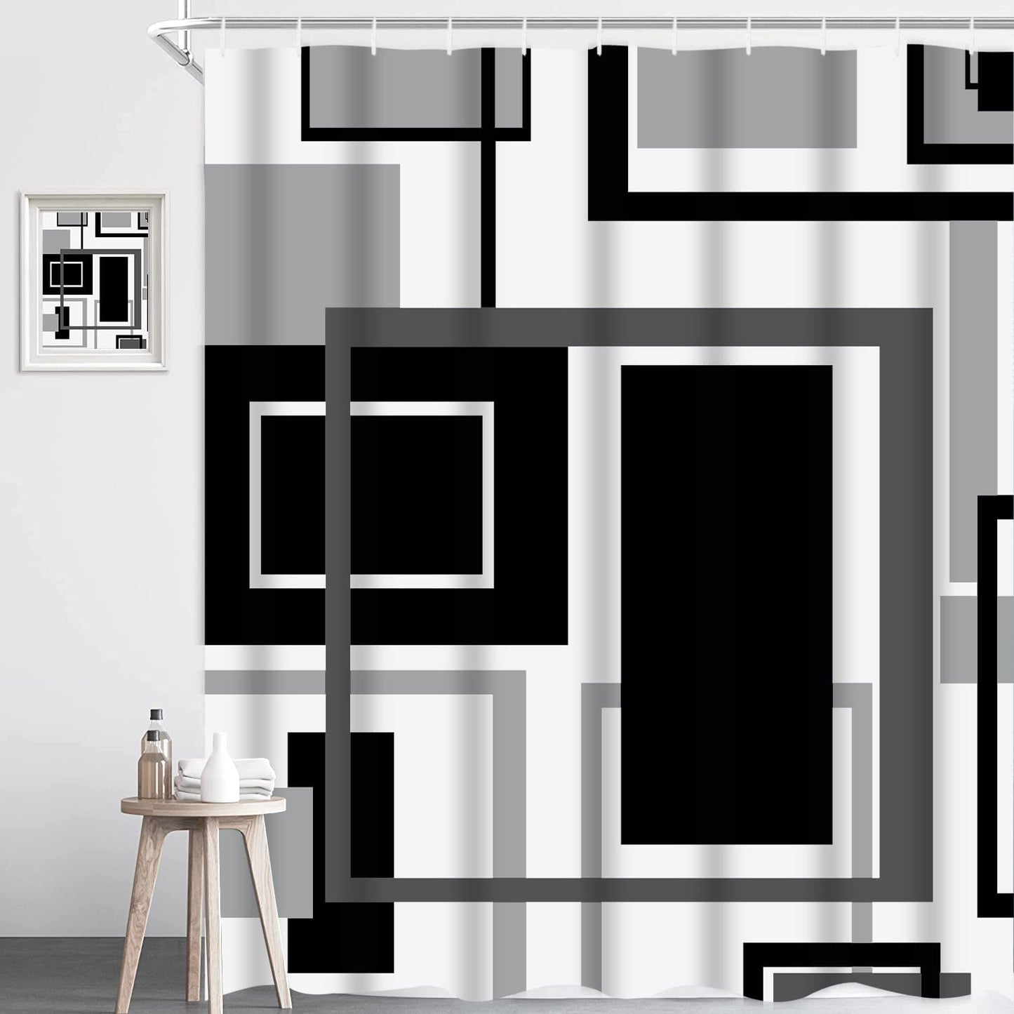 FRAMICS Black Geometric Shower Curtain Sets with Rugs, 16 Pc White Modern Abstract Bathroom Sets, Waterproof Fabric Bathroom Curtain Decor with Hooks