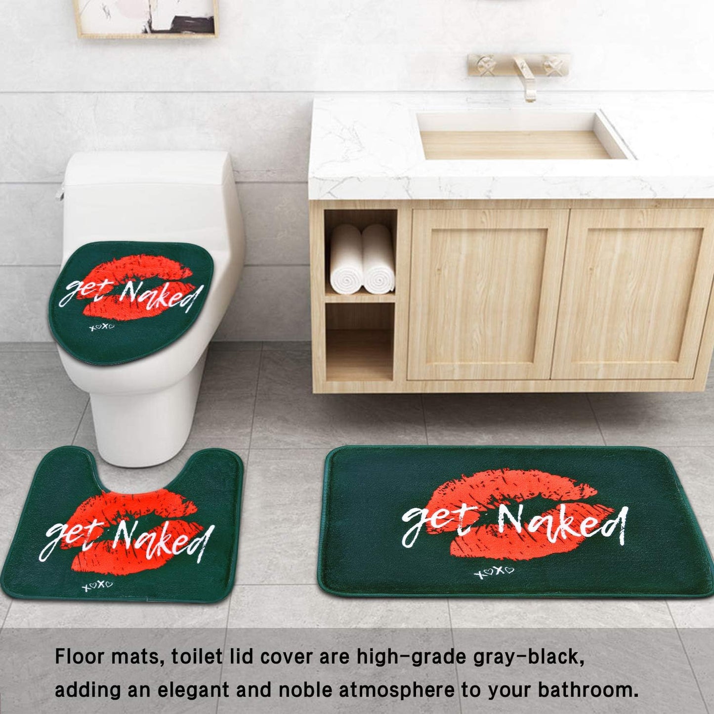 FRAMICS Red Sexy Lips Shower Curtain and Rug Sets, 16-Piece Get Naked Bathroom Shower Curtain Sets, Waterproof Fabric Shower Curtain with 12 Hooks and Toilet Rugs