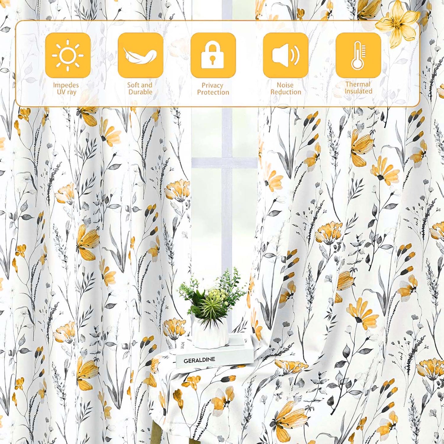 Alishomtll Yellow Floral Blackout Curtains for Living Room Bedroom Energy Efficient Thermal Insulated Grommet Window Drapes, 52"x 84",Set of 2