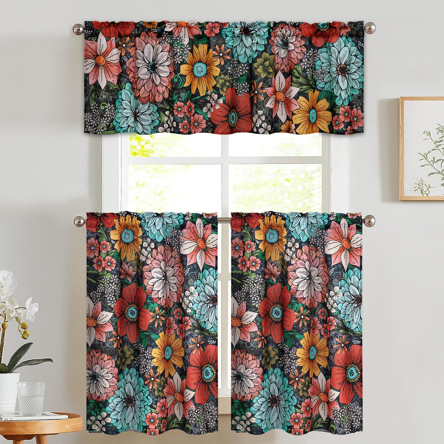 Alishomtll Boho Floral Print Kitchen Curtains 36 Length Sets for Small Window,2 Panels,Rod Pocket