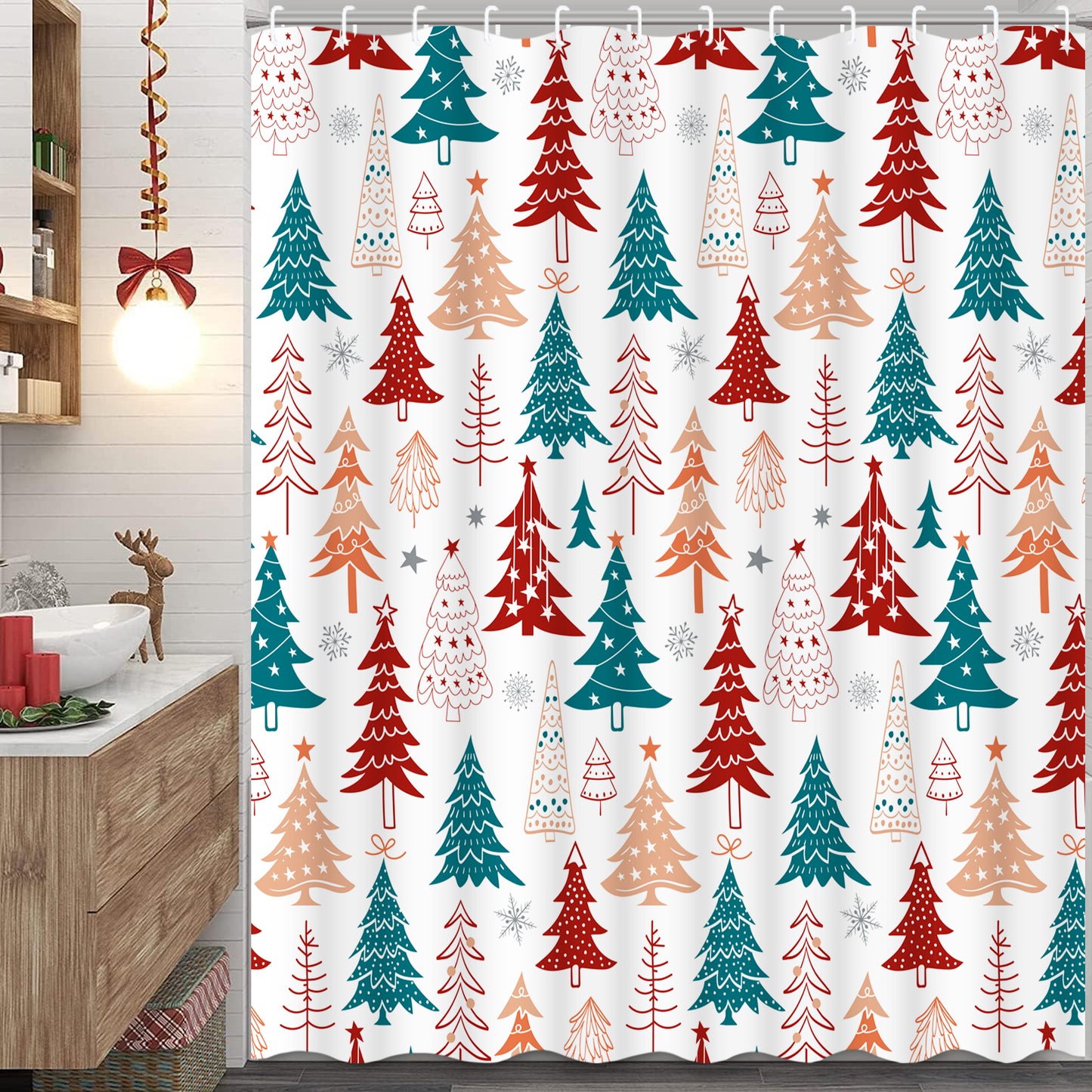 FRAMICS Christmas Shower Curtain Sets with Rugs, 16 Pcs Xmas Tree Snowflake Bathroom Sets, Waterproof Fabric Bathroom Curtain for Home Holiday Decor with Hooks