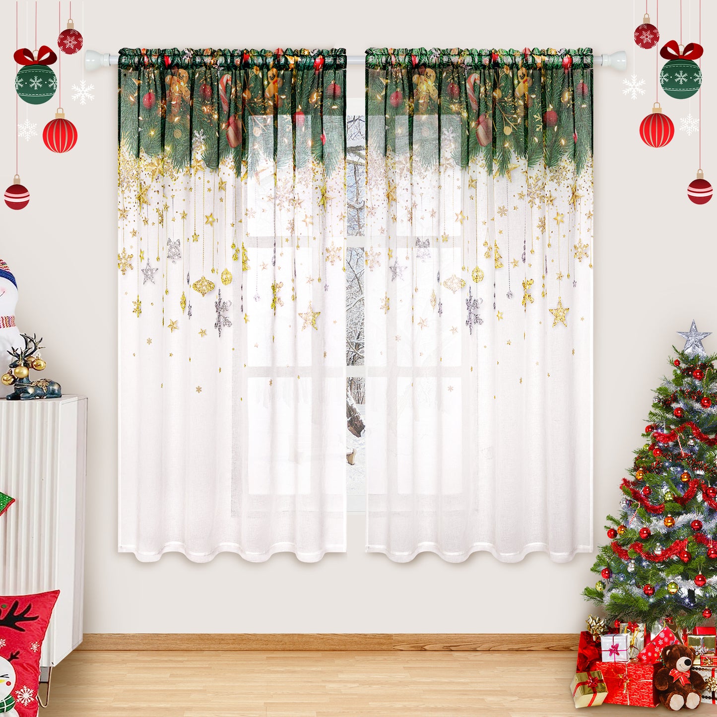 Alishomtll Snowflakes Christmas Curtain White Glitter Stars Sheer Voile Curtain Winter Window Drape, 52"W x 63"L,2 Panels