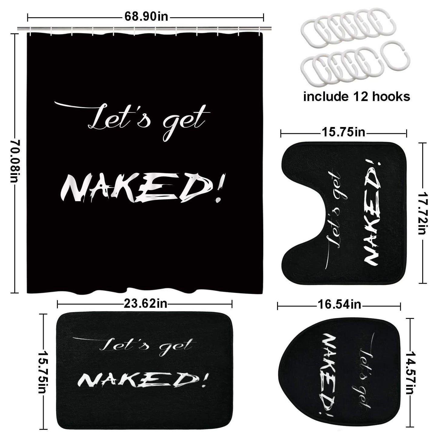 FRAMICS Get Naked Alphabet Shower Curtain and Rug Sets, 16 Pc Black White Bathroom Sets, Waterproof Fabric Shower Curtain with 12 Hooks and Toilet Rugs