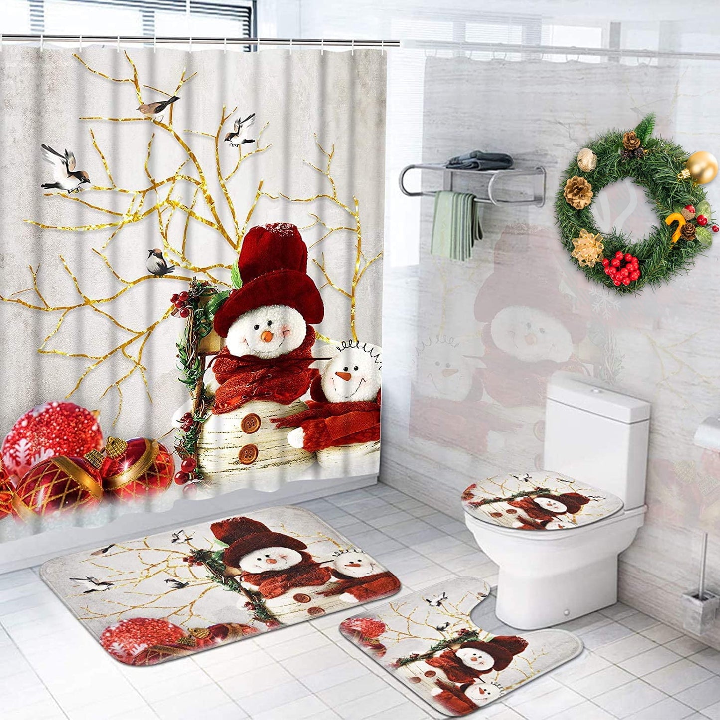 FRAMICS Christmas Shower Curtains and Bath Rug Set, Winter Snowman Bathroom Decor Sets, Xmas Waterproof Fabric Shower Curtain with 12 Hooks and Toilet Rugs