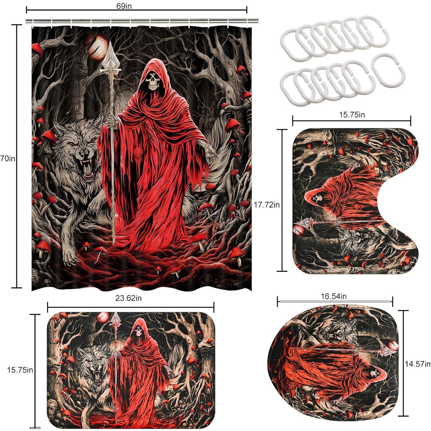 FRAMICS Halloween Death Shower Curtain Sets with Rugs, 16 Pc Goth Scary Skull Bathroom Sets, Red Waterproof Fabric Shower Curtain with 12 Hooks and Toilet Rugs