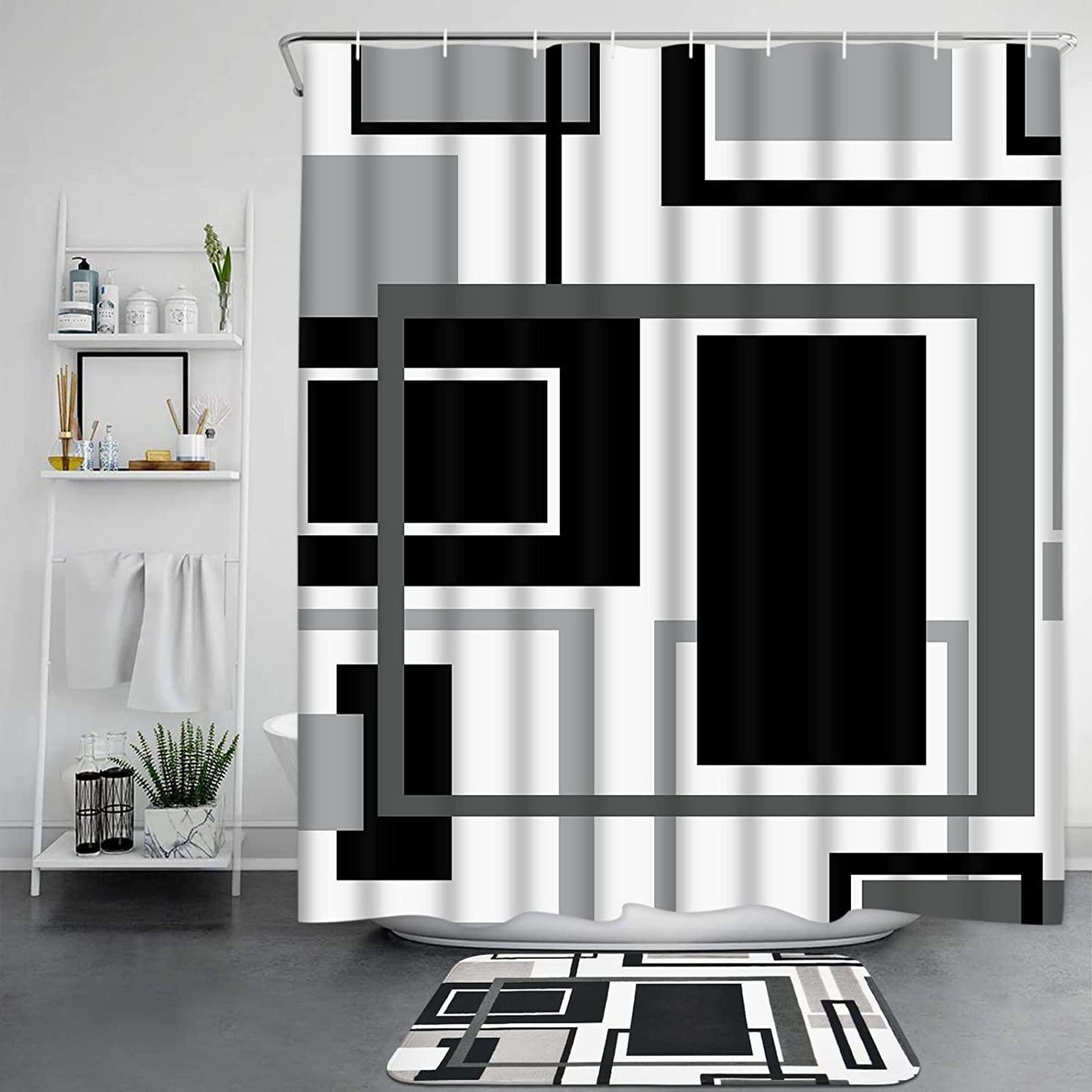 FRAMICS Black Geometric Shower Curtain Sets with Rugs, 16 Pc White Modern Abstract Bathroom Sets, Waterproof Fabric Bathroom Curtain Decor with Hooks